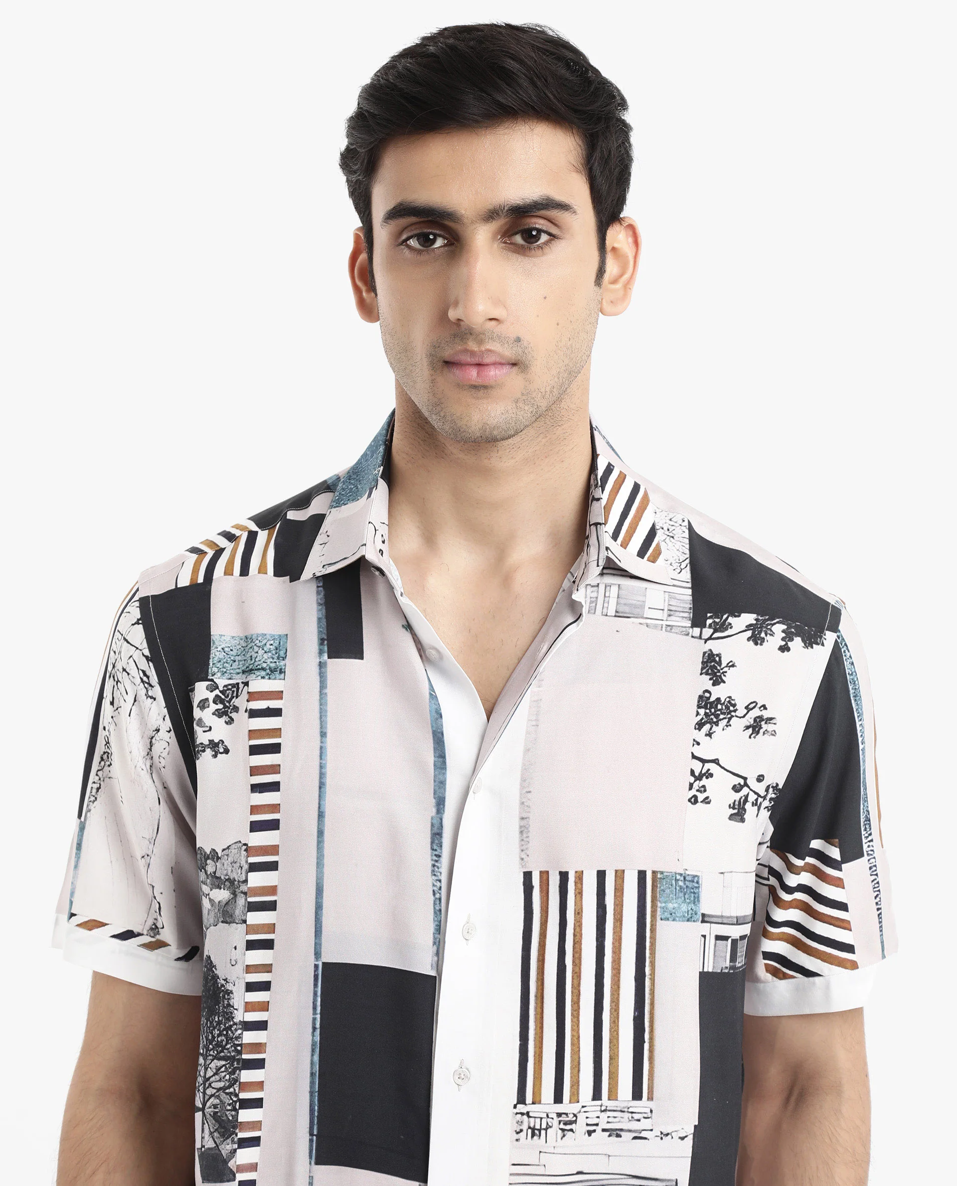 Rare Rabbit Men's Bellatrix White Viscose Abstract Print Boxy Fit Half Sleeve Collared Shirt - Image 4