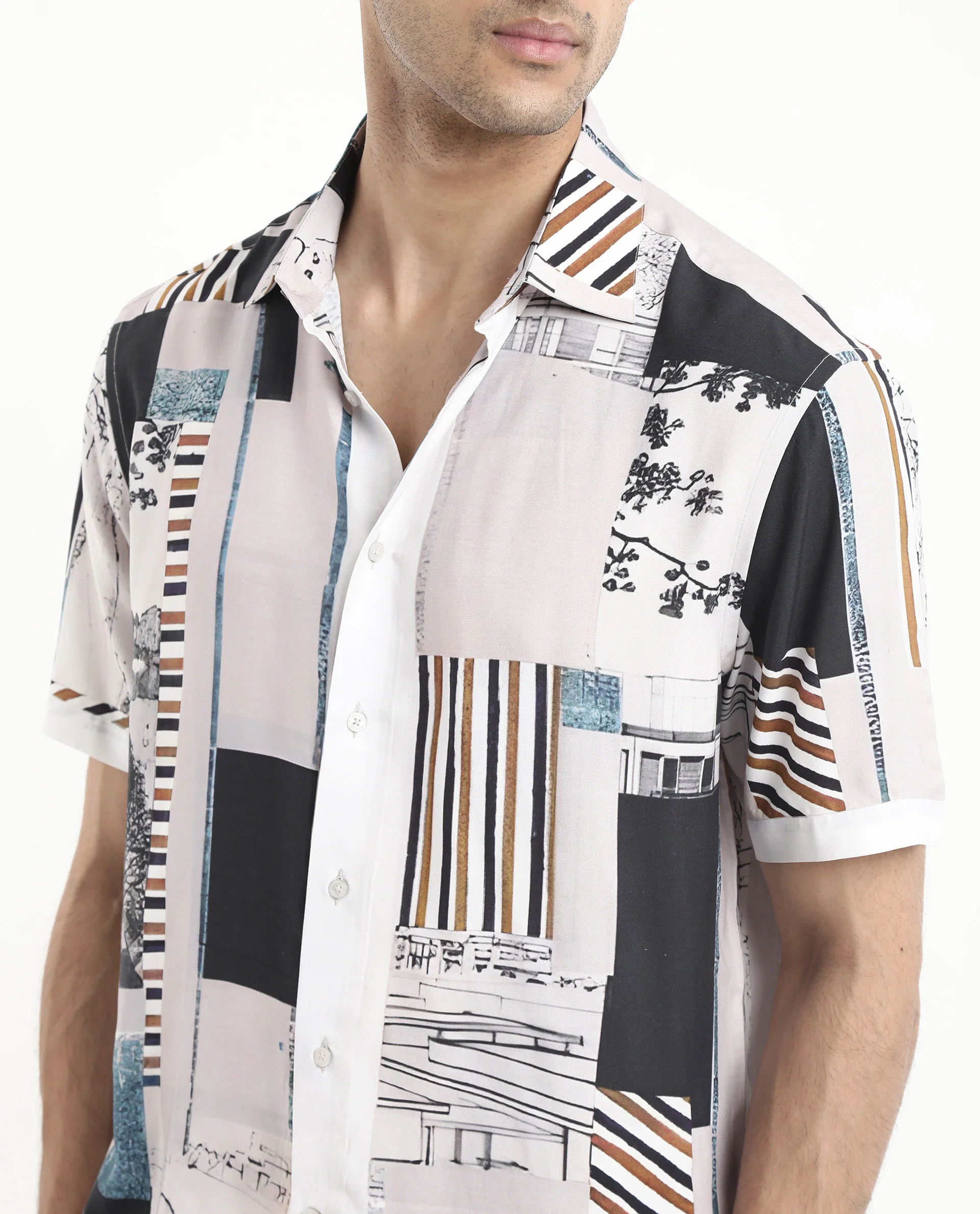 Rare Rabbit Men's Bellatrix White Viscose Abstract Print Boxy Fit Half Sleeve Collared Shirt - Image 5