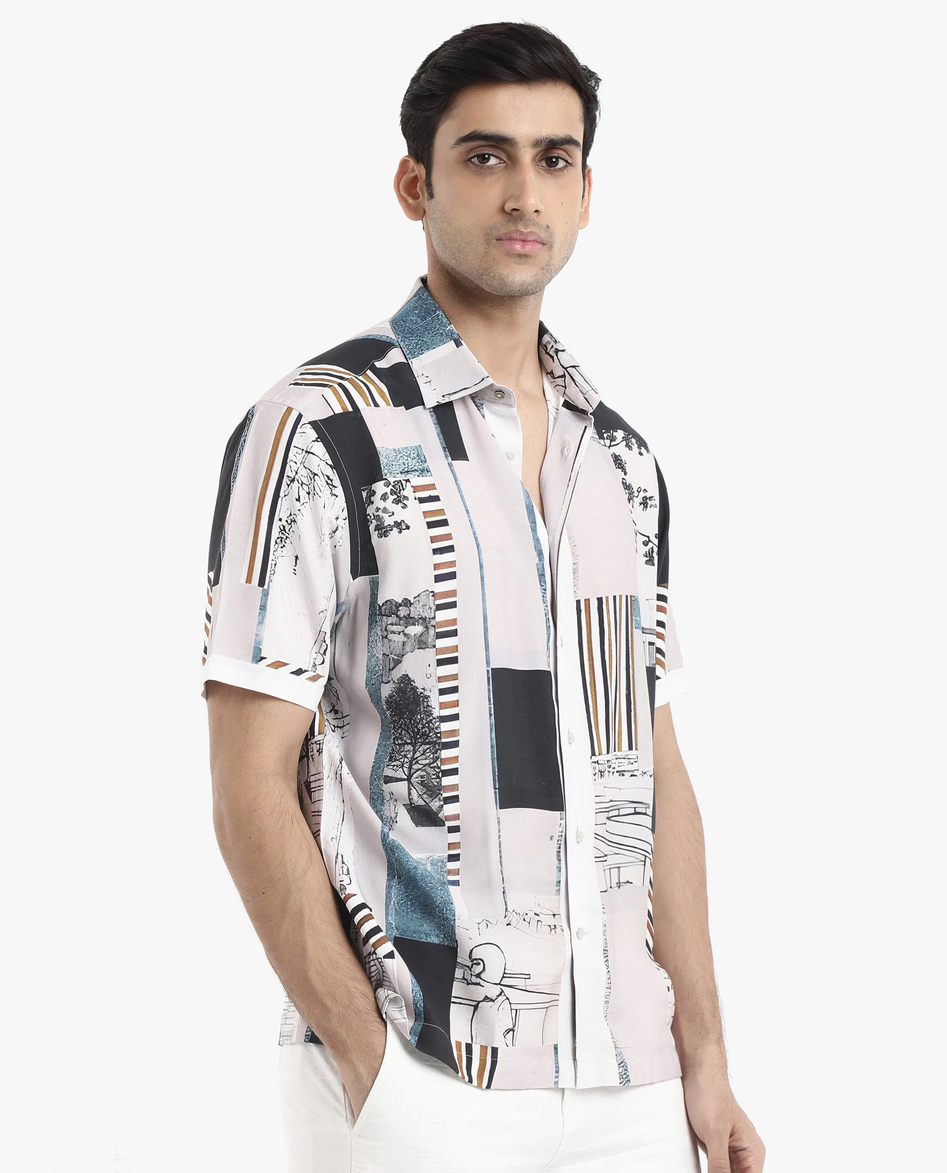 Rare Rabbit Men's Bellatrix White Viscose Abstract Print Boxy Fit Half Sleeve Collared Shirt - Image 6
