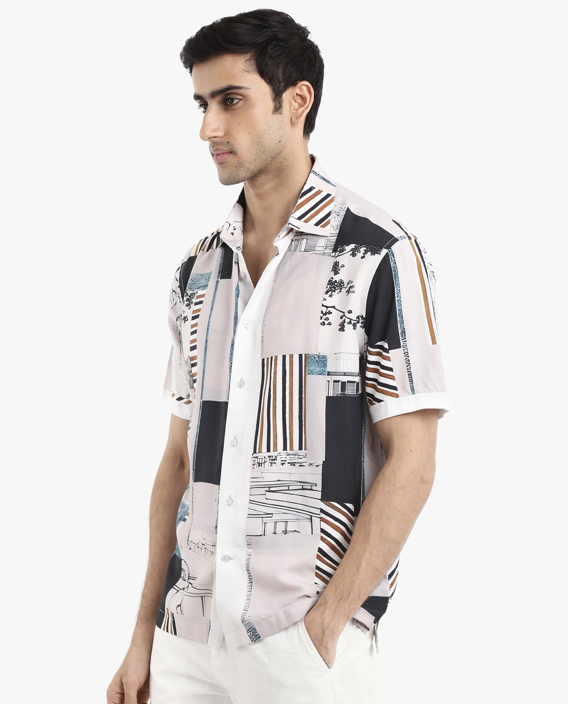 Rare Rabbit Men's Bellatrix White Viscose Abstract Print Boxy Fit Half Sleeve Collared Shirt - Image 8