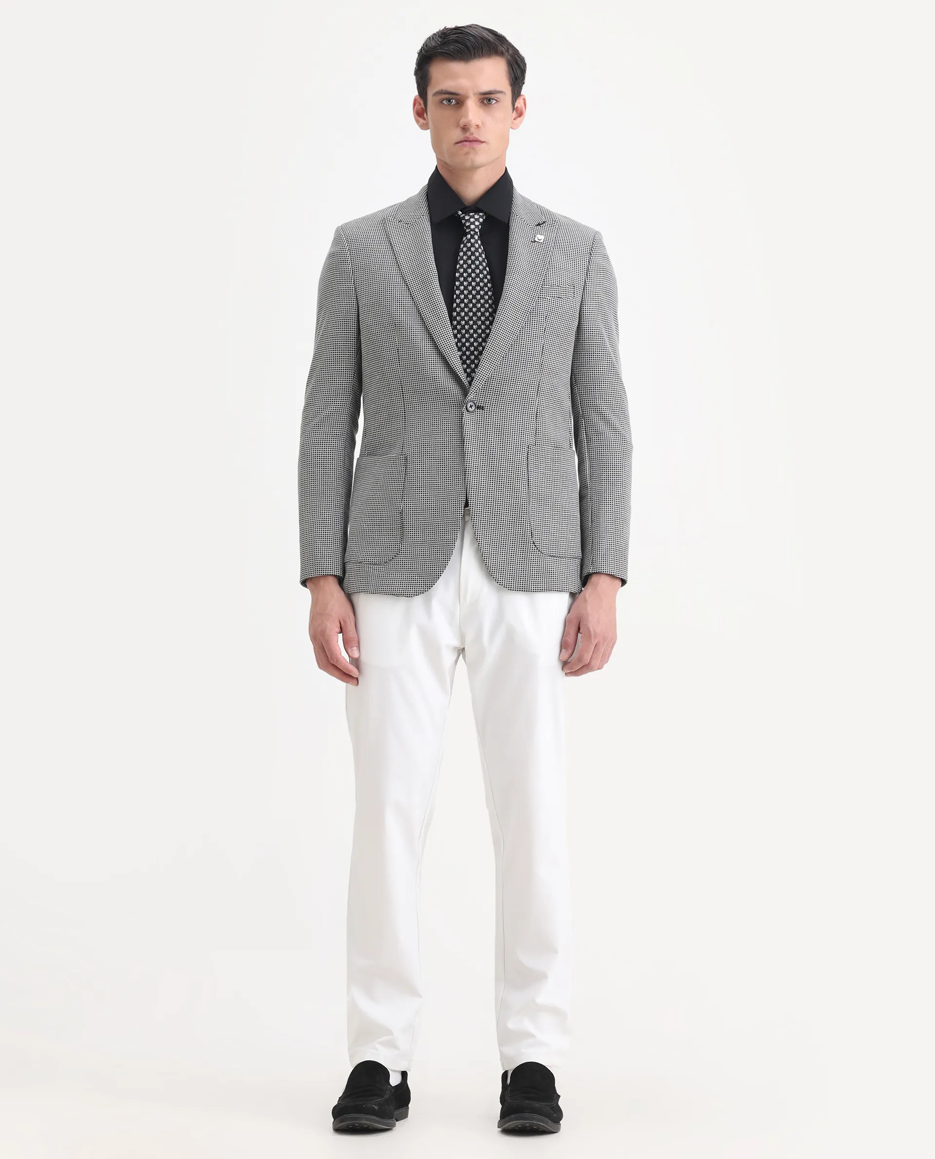 Rare Rabbit Men's Bellion Black Polyester Checked Print Tailored Fit Full Sleeve Lapel Neck Blazer - Image 2