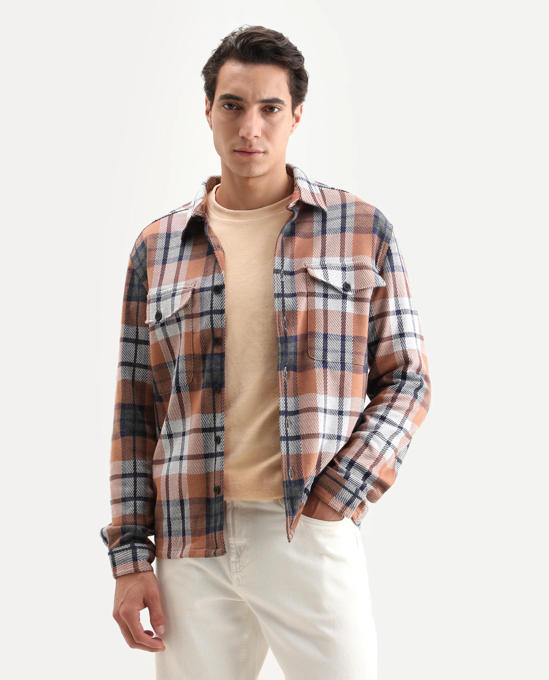 Rare Rabbit Men's Bello Rust Cotton Checked Print Relaxed Fit Full Sleeve Collared Shacket - Image 3
