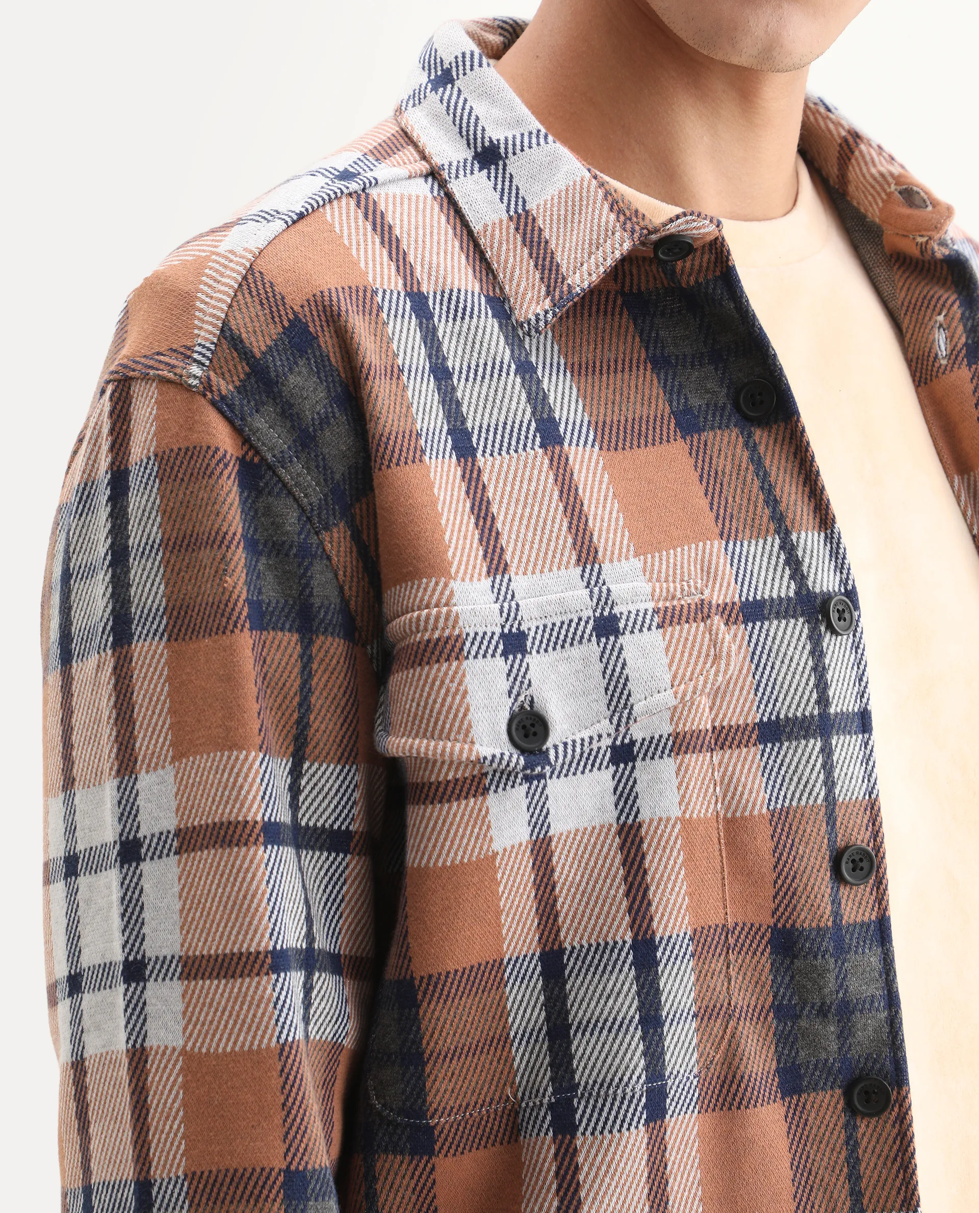Rare Rabbit Men's Bello Rust Cotton Checked Print Relaxed Fit Full Sleeve Collared Shacket - Image 4