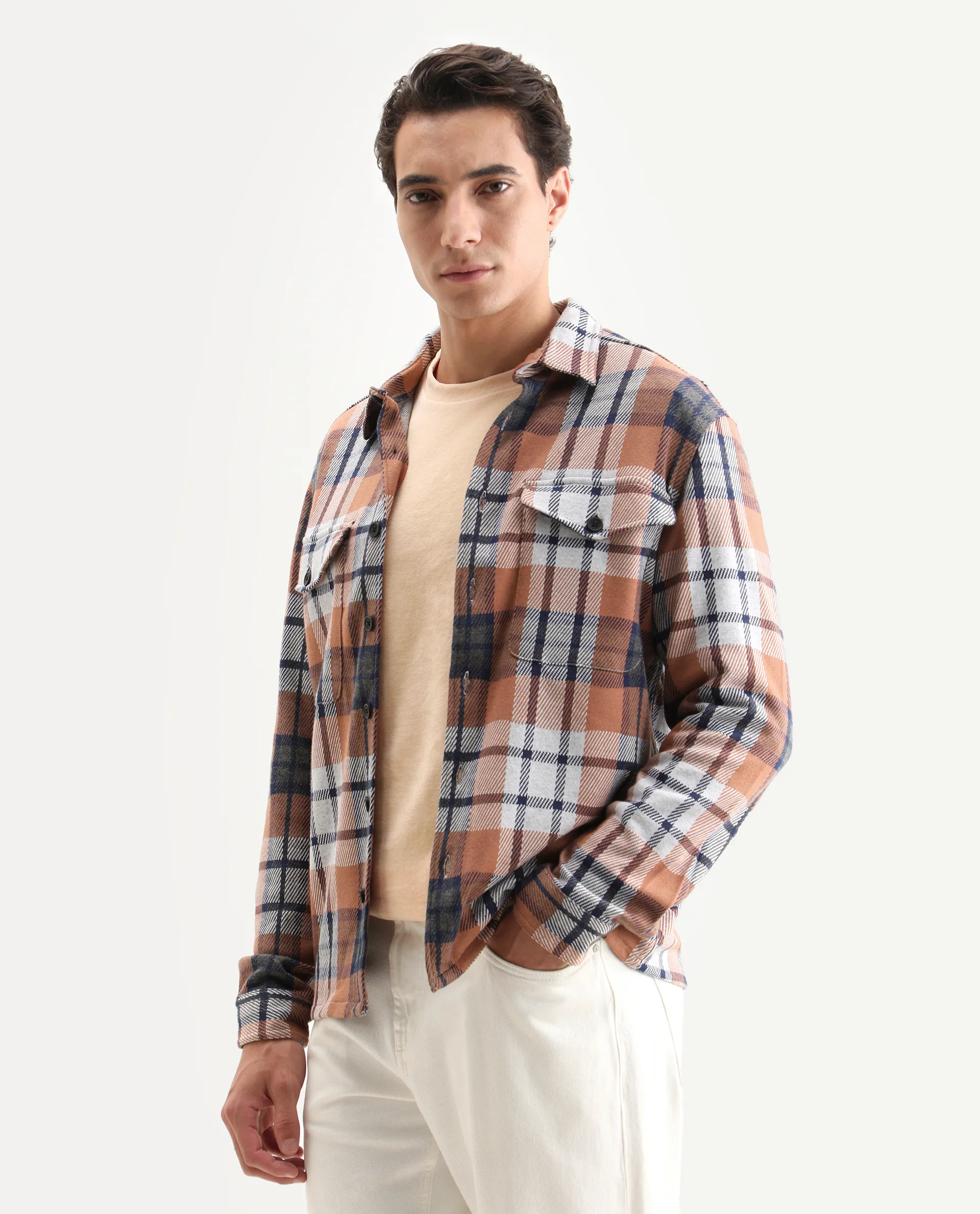 Rare Rabbit Men's Bello Rust Cotton Checked Print Relaxed Fit Full Sleeve Collared Shacket - Image 5