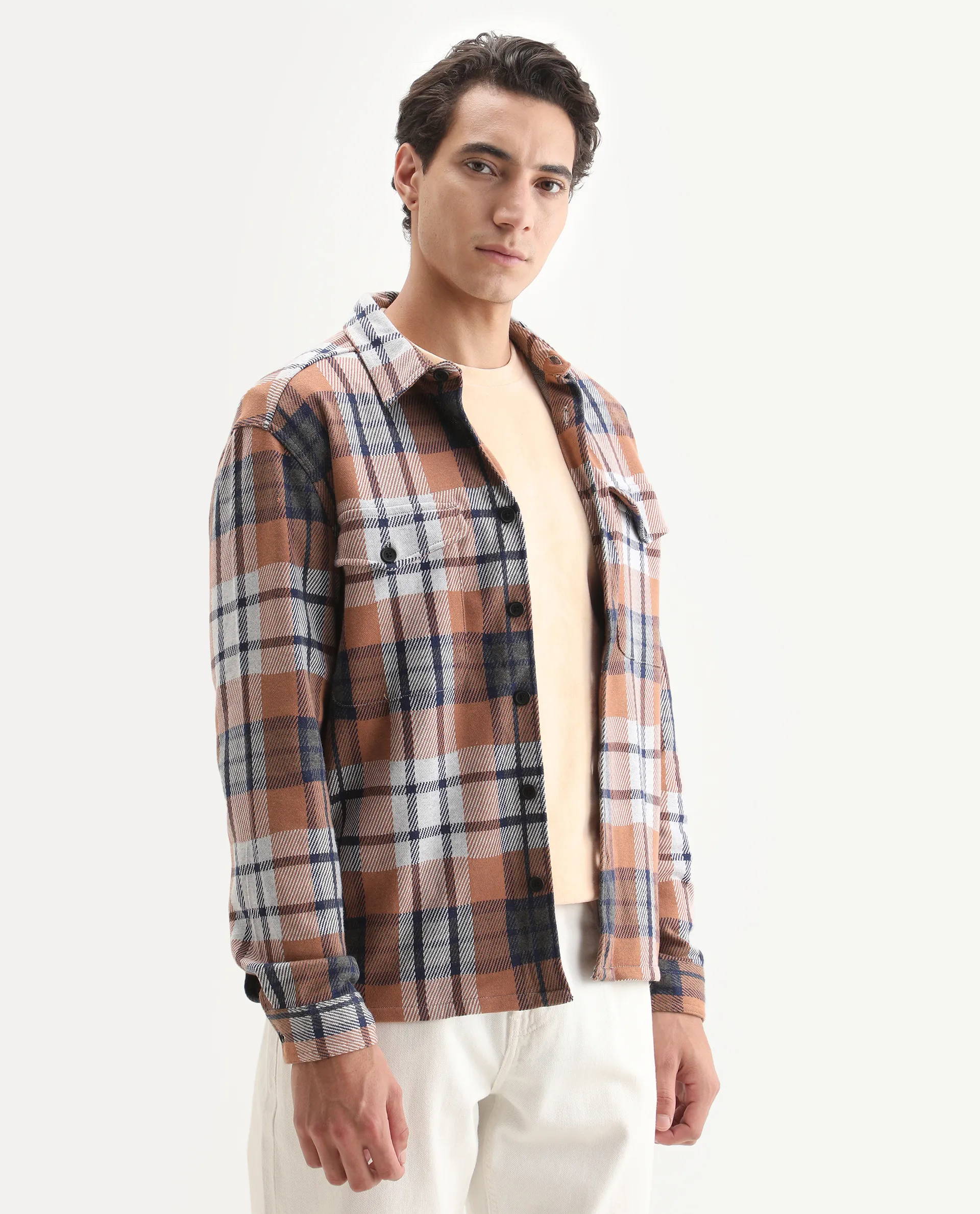 Rare Rabbit Men's Bello Rust Cotton Checked Print Relaxed Fit Full Sleeve Collared Shacket - Image 6