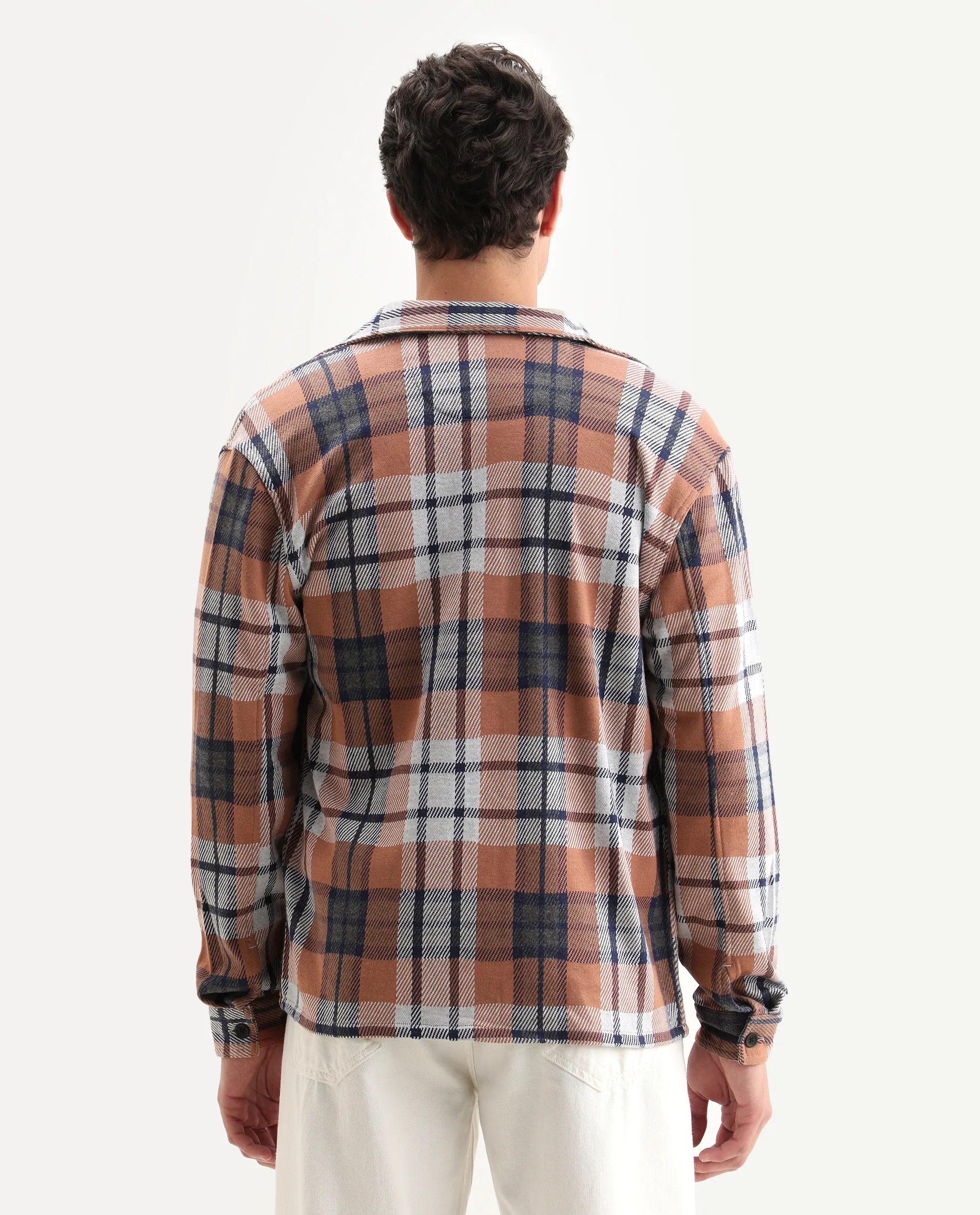 Rare Rabbit Men's Bello Rust Cotton Checked Print Relaxed Fit Full Sleeve Collared Shacket - Image 7