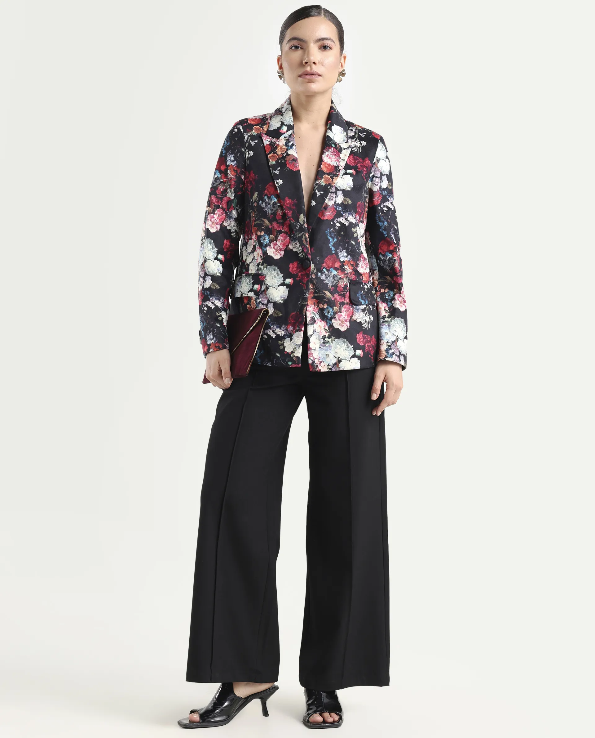 Rareism Women's Bellob Black Velvet Lapel Neck Floral Print Tailored Blazer - Image 2