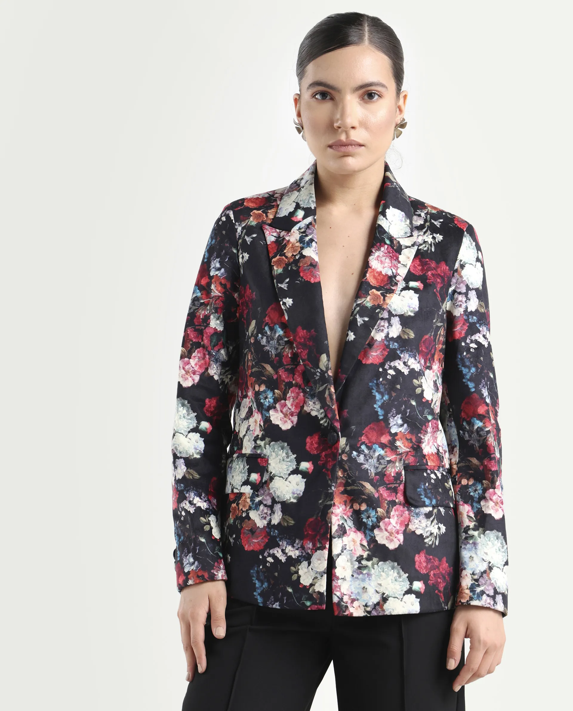 Rareism Women's Bellob Black Velvet Lapel Neck Floral Print Tailored Blazer - Image 3