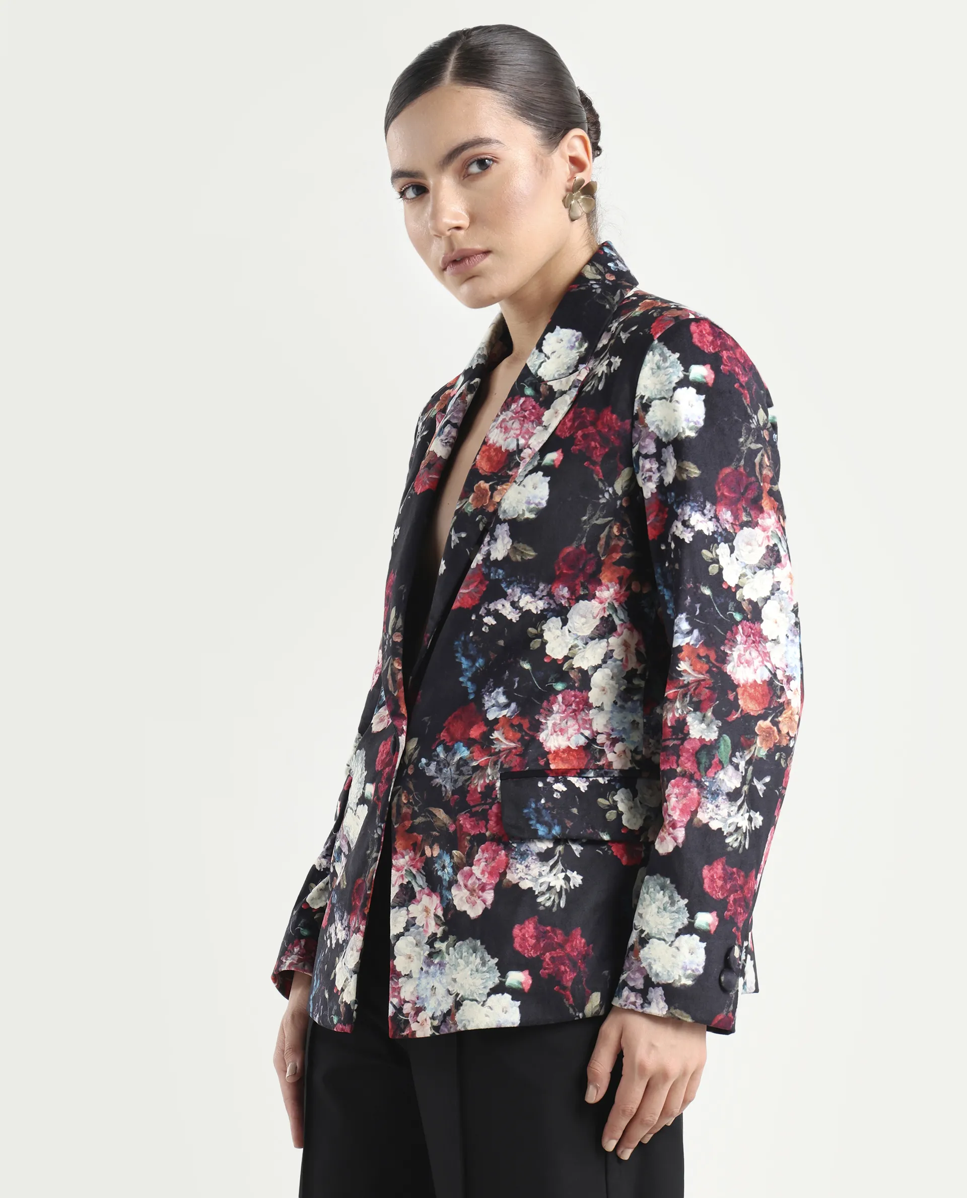 Rareism Women's Bellob Black Velvet Lapel Neck Floral Print Tailored Blazer - Image 5