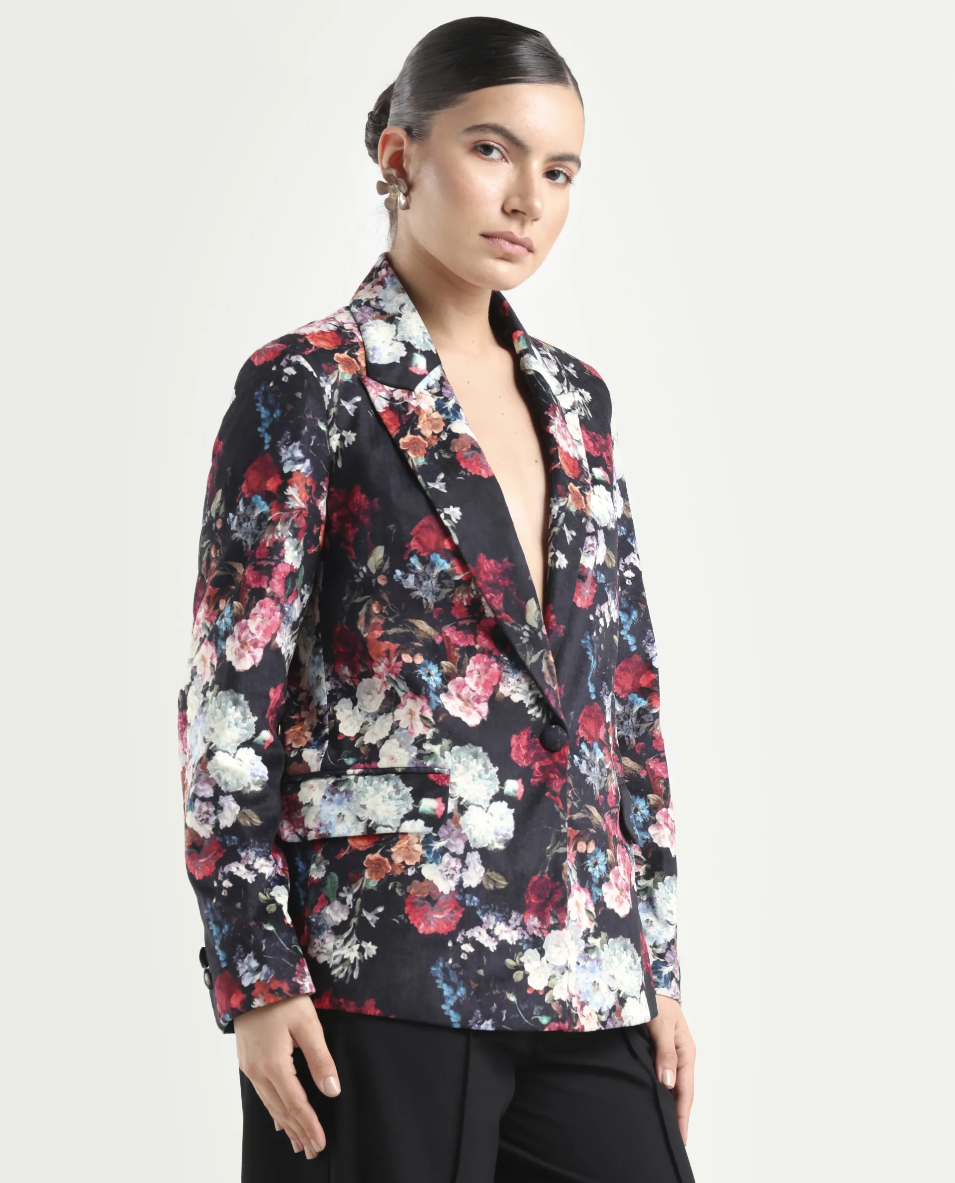 Rareism Women's Bellob Black Velvet Lapel Neck Floral Print Tailored Blazer - Image 6