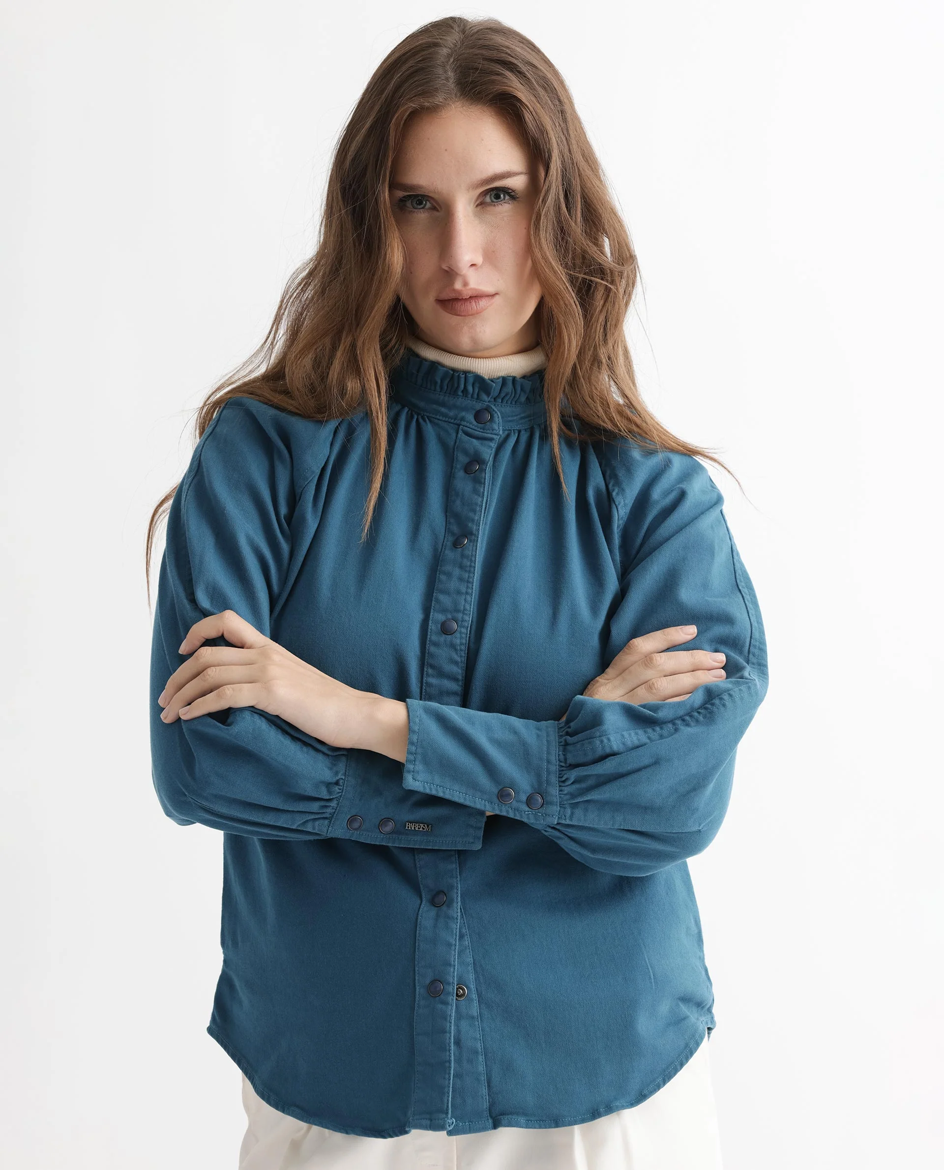 Rareism Women's Bellona Petrol Cotton Sweetheart Neck Plain Regular Fit Jacket - Image 4