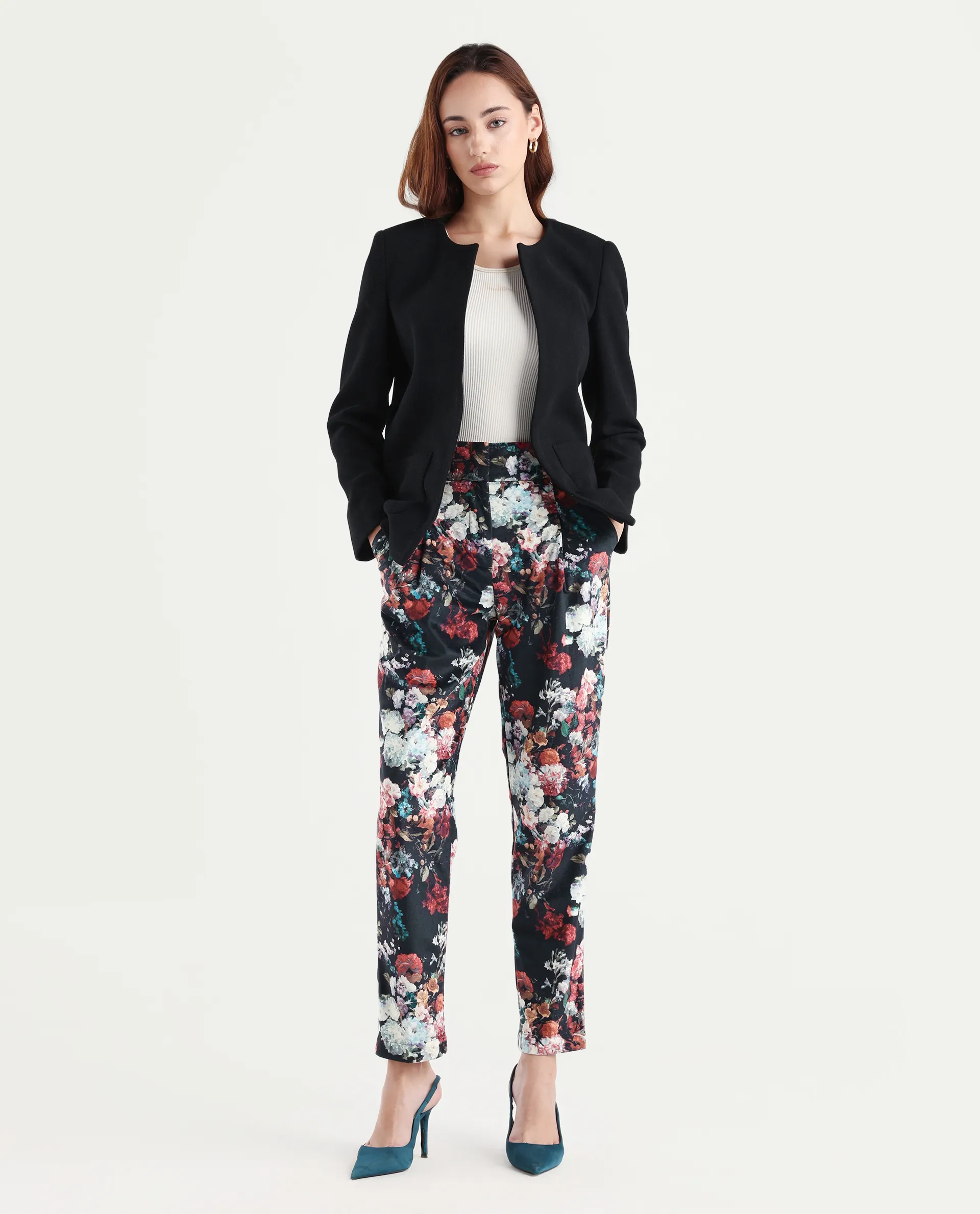 Rareism Women's Bellot Black Velvet Floral Print Ankle Length Slim Fit Trouser - Image 2