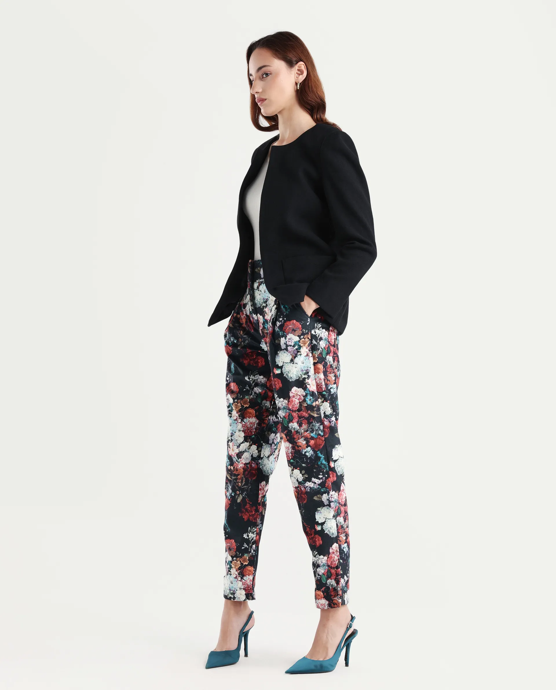 Rareism Women's Bellot Black Velvet Floral Print Ankle Length Slim Fit Trouser - Image 3