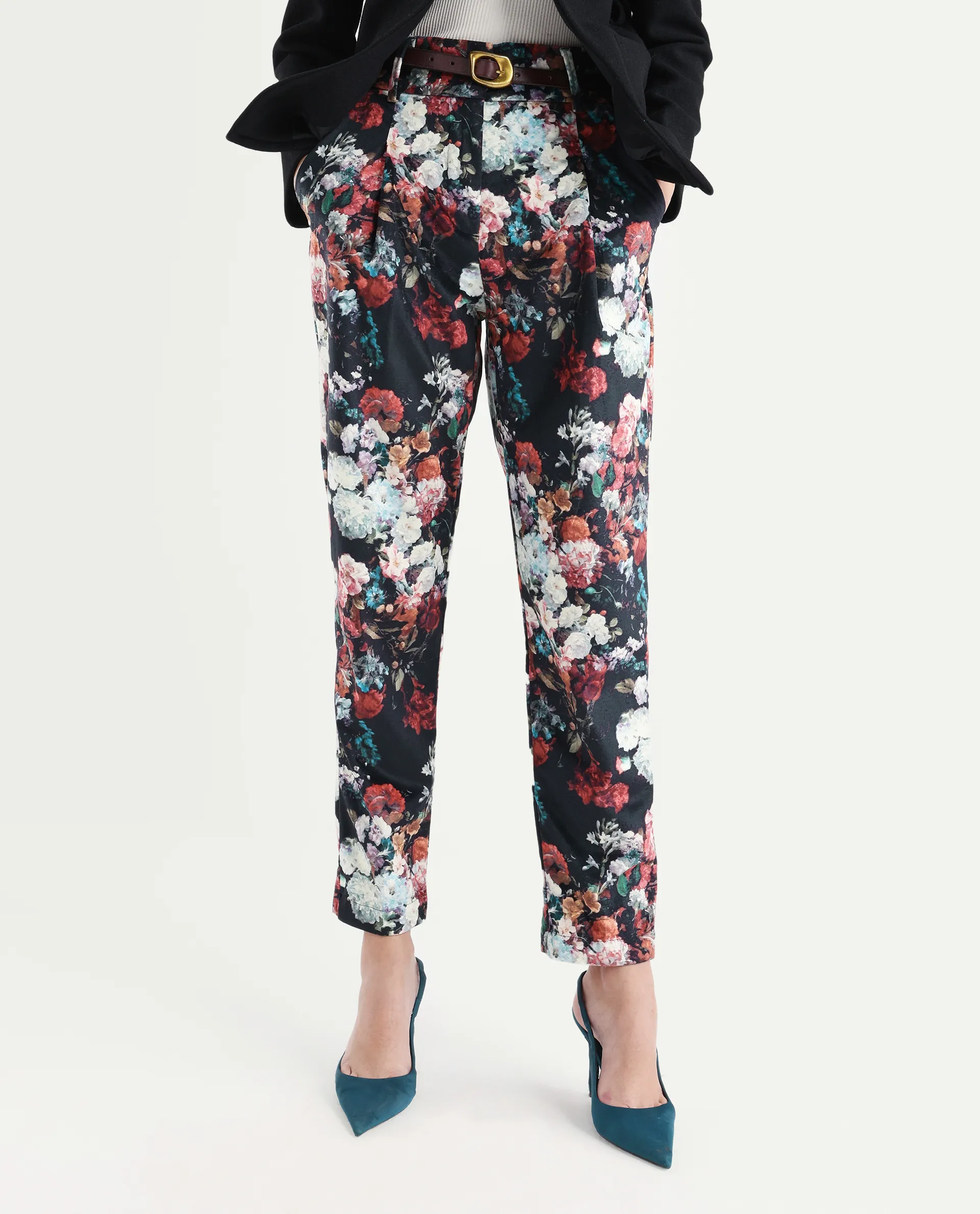 Rareism Women's Bellot Black Velvet Floral Print Ankle Length Slim Fit Trouser - Image 5