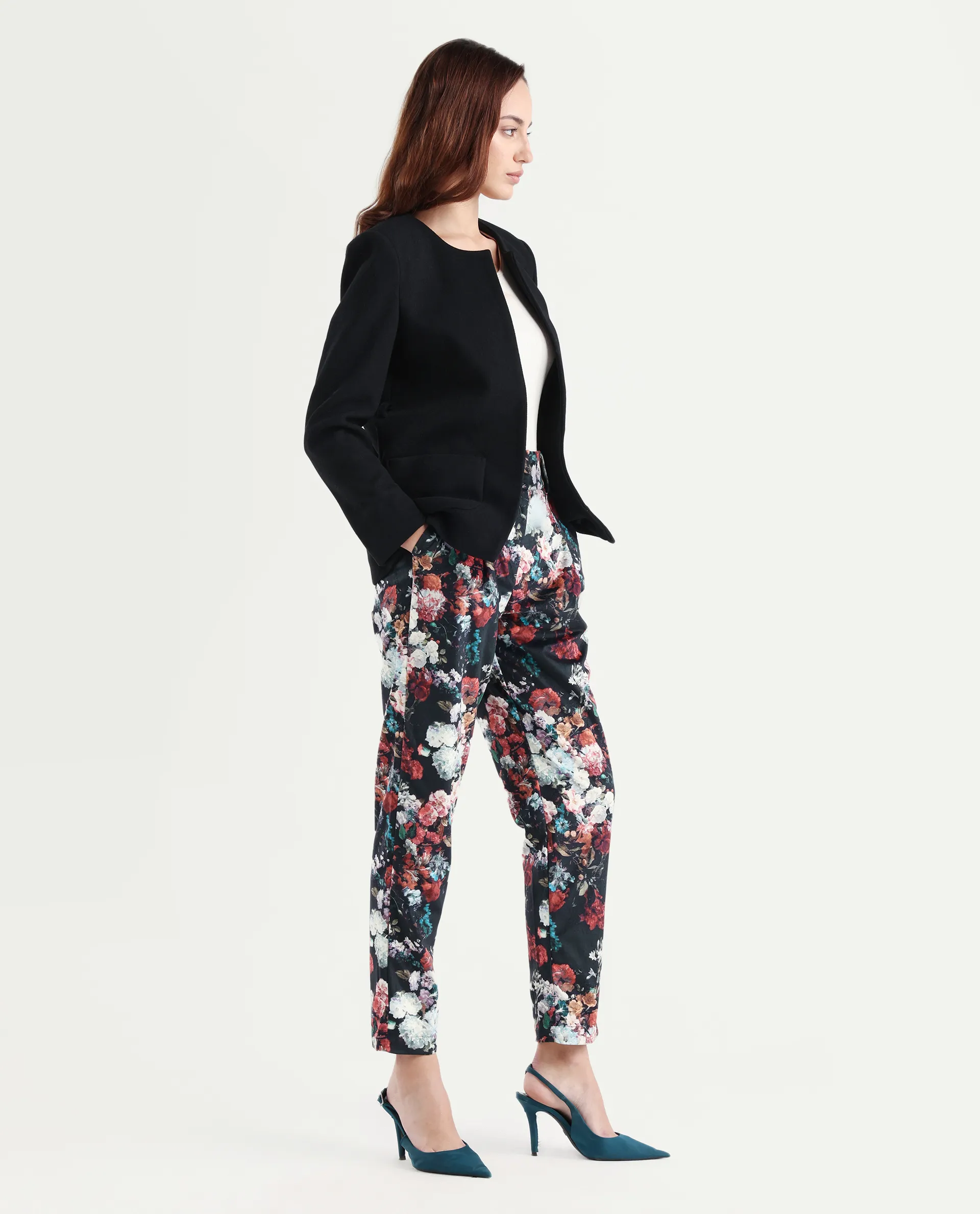 Rareism Women's Bellot Black Velvet Floral Print Ankle Length Slim Fit Trouser - Image 6