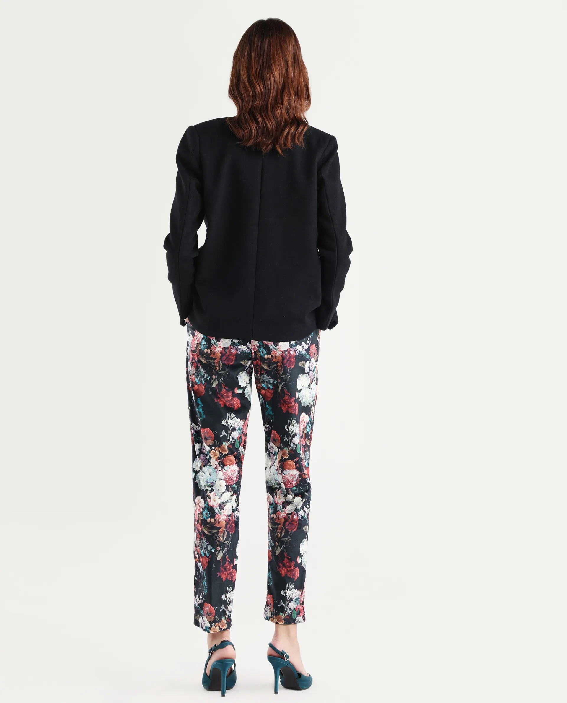 Rareism Women's Bellot Black Velvet Floral Print Ankle Length Slim Fit Trouser - Image 7