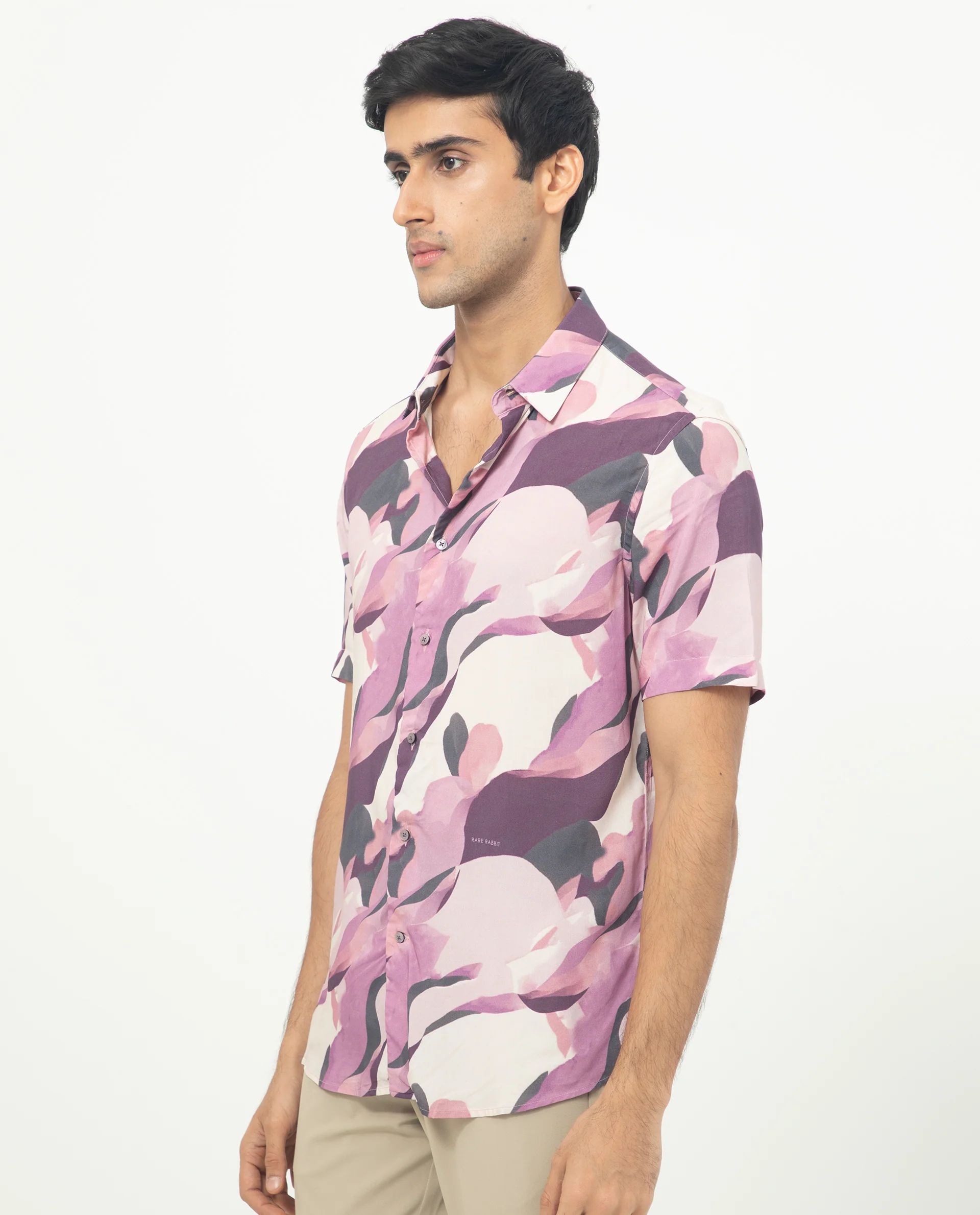 Rare Rabbit Men's Belmont Purple Viscose Abstract Print Regular Fit Half Sleeve Collared Shirt - Image 3
