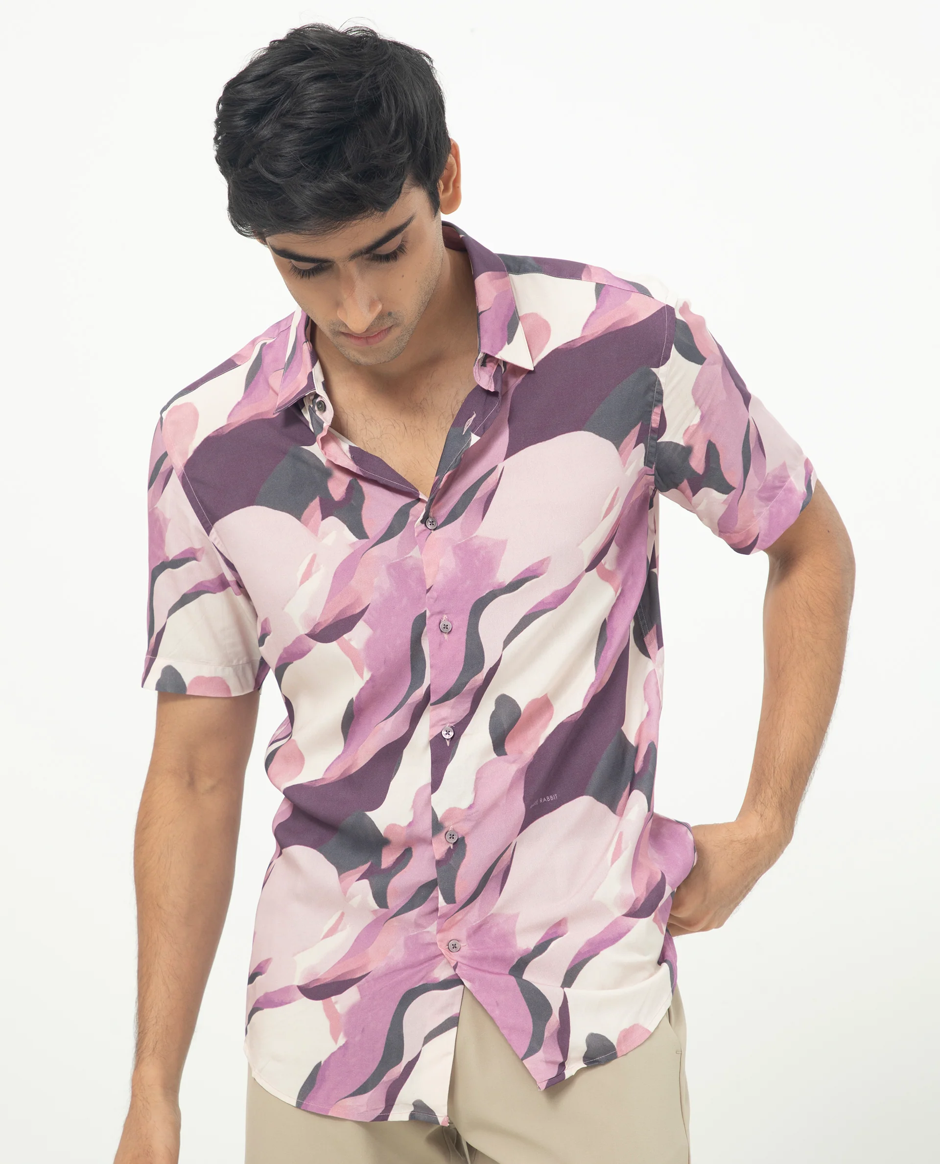 Rare Rabbit Men's Belmont Purple Viscose Abstract Print Regular Fit Half Sleeve Collared Shirt - Image 6