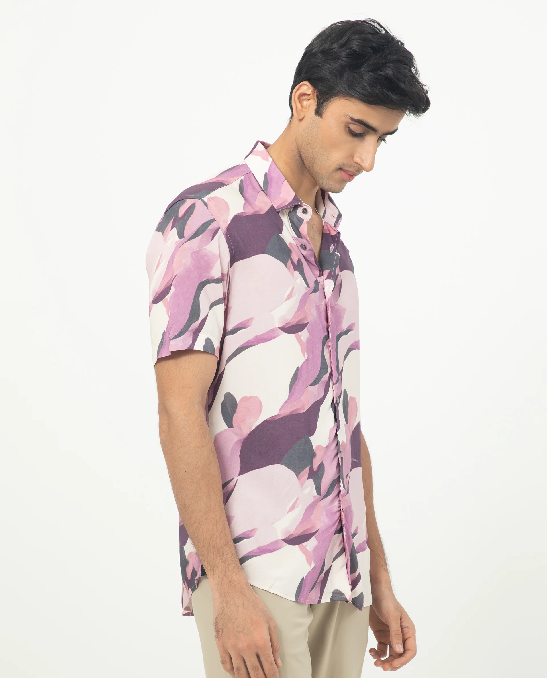 Rare Rabbit Men's Belmont Purple Viscose Abstract Print Regular Fit Half Sleeve Collared Shirt - Image 7