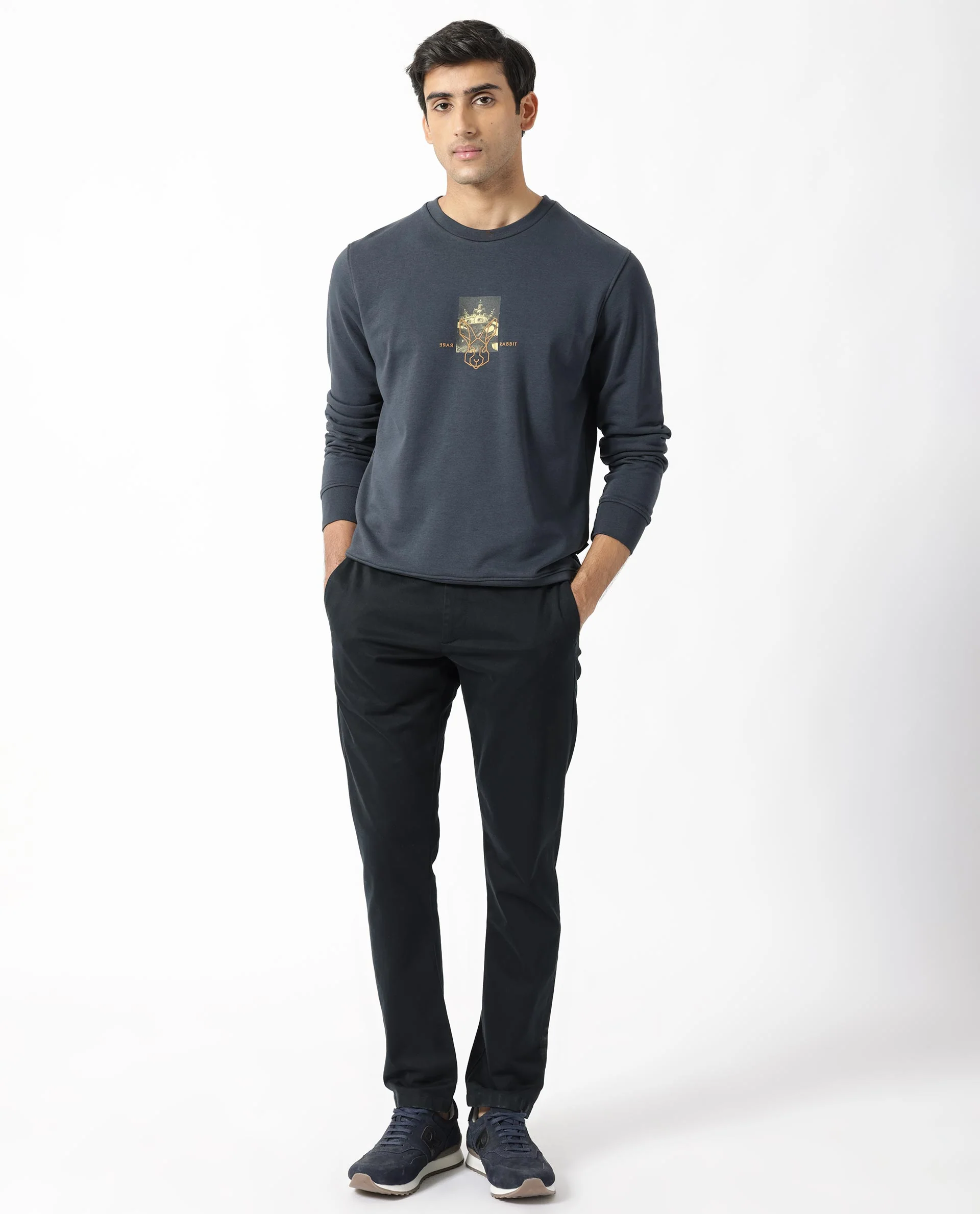 Rare Rabbit Men's Belmontt Grey Cotton Graphic Print Regular Fit Full Sleeve Crew Neck Sweatshirt - Image 2
