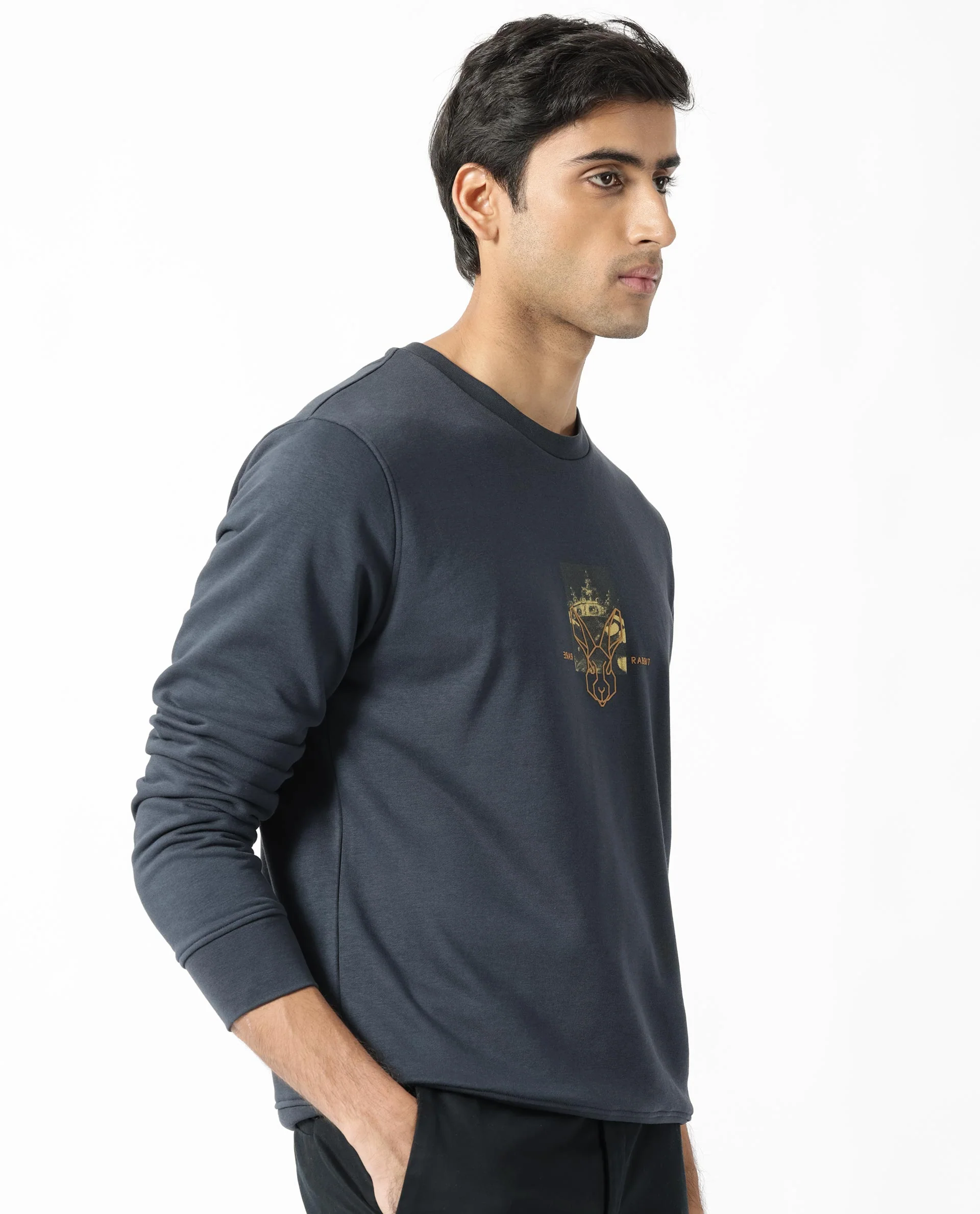 Rare Rabbit Men's Belmontt Grey Cotton Graphic Print Regular Fit Full Sleeve Crew Neck Sweatshirt - Image 5