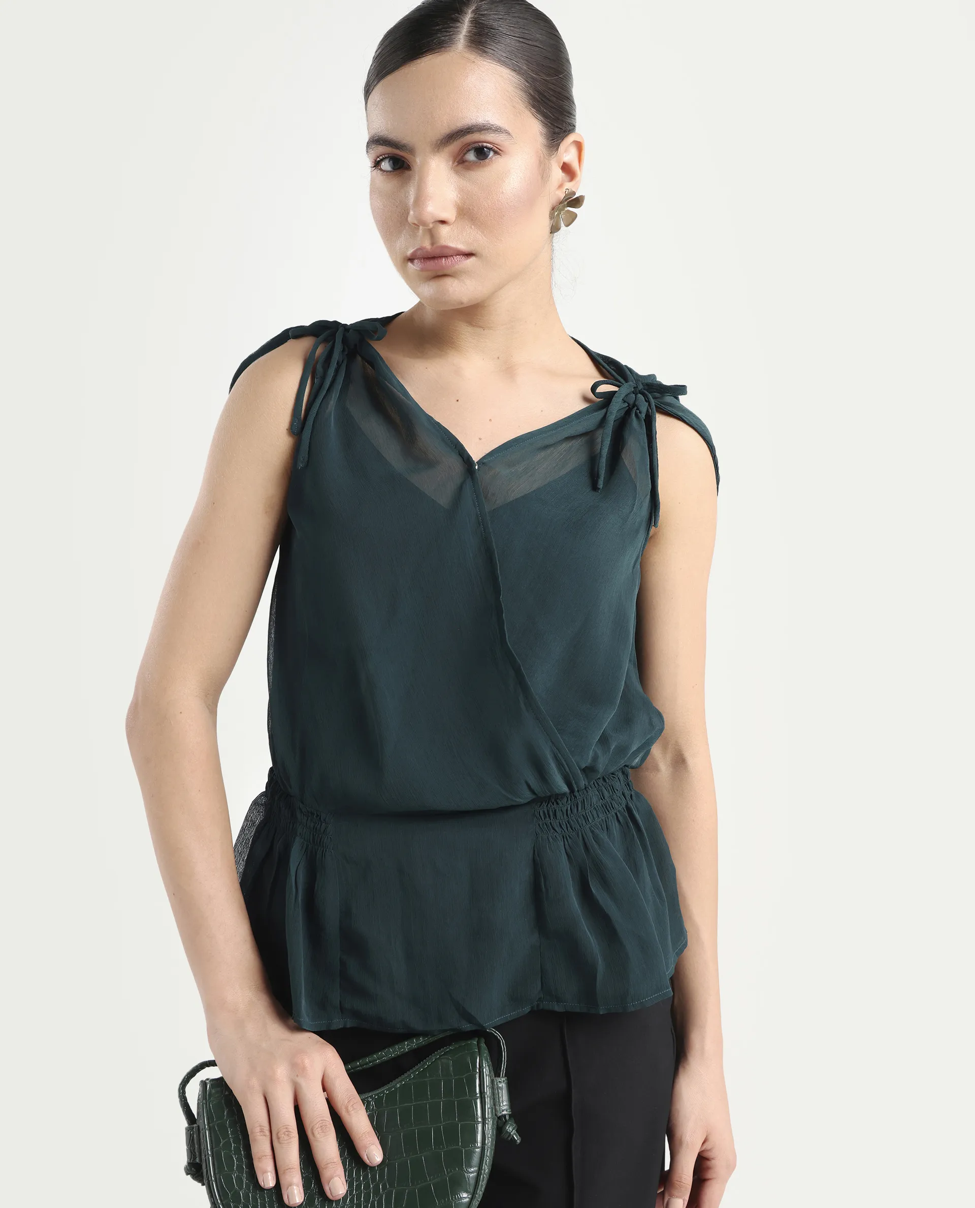 Rareism Women's Belong Green Viscose V-Neck Plain Sleeveless Regular Fit Top