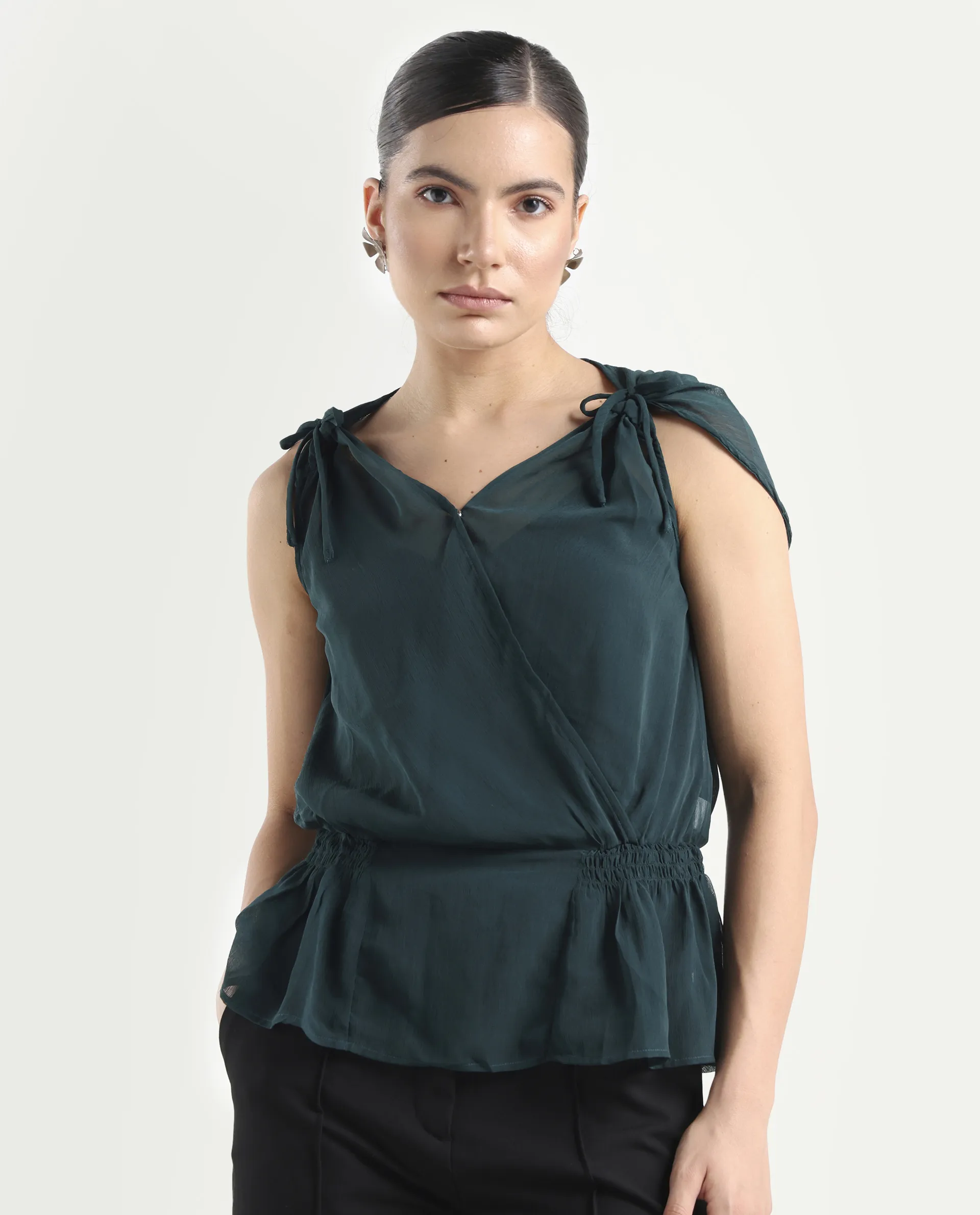 Rareism Women's Belong Green Viscose V-Neck Plain Sleeveless Regular Fit Top - Image 3