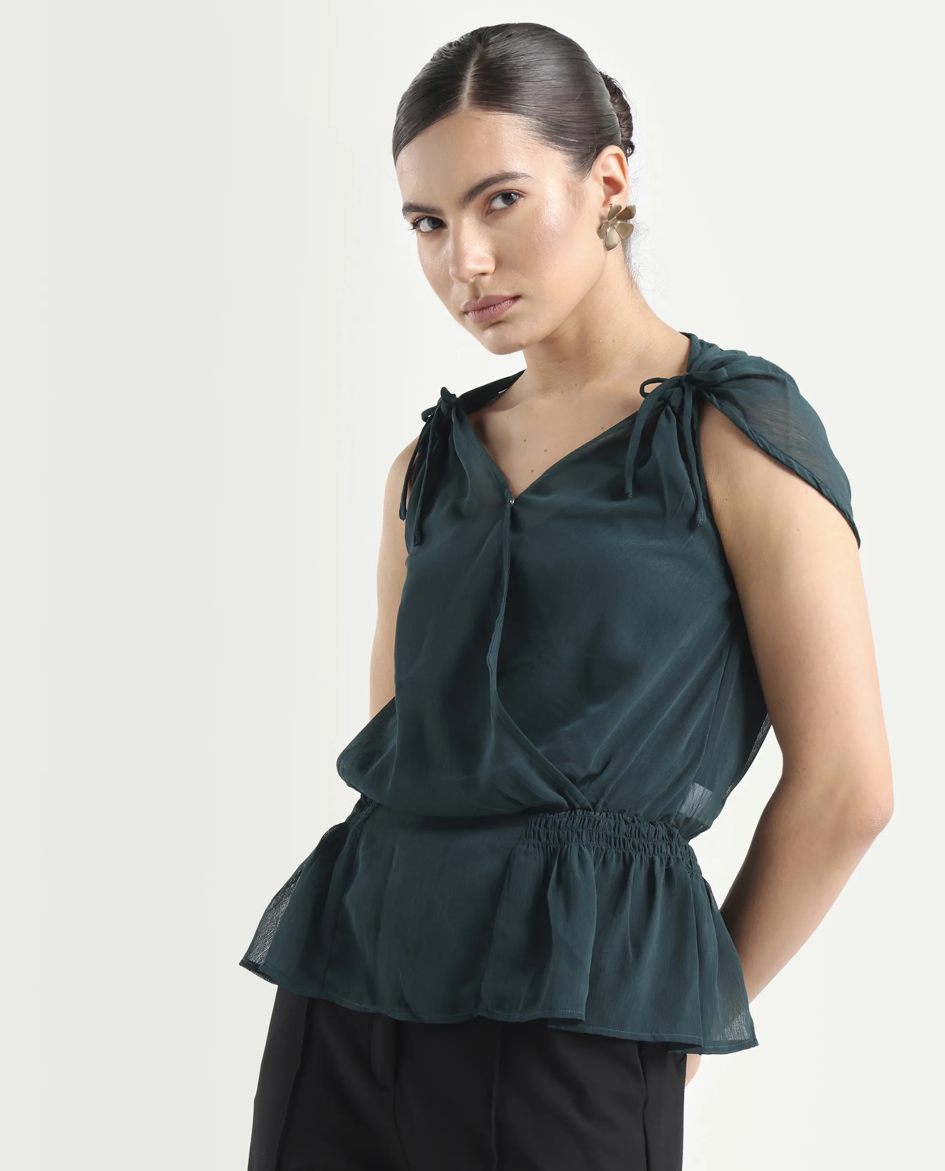 Rareism Women's Belong Green Viscose V-Neck Plain Sleeveless Regular Fit Top - Image 5