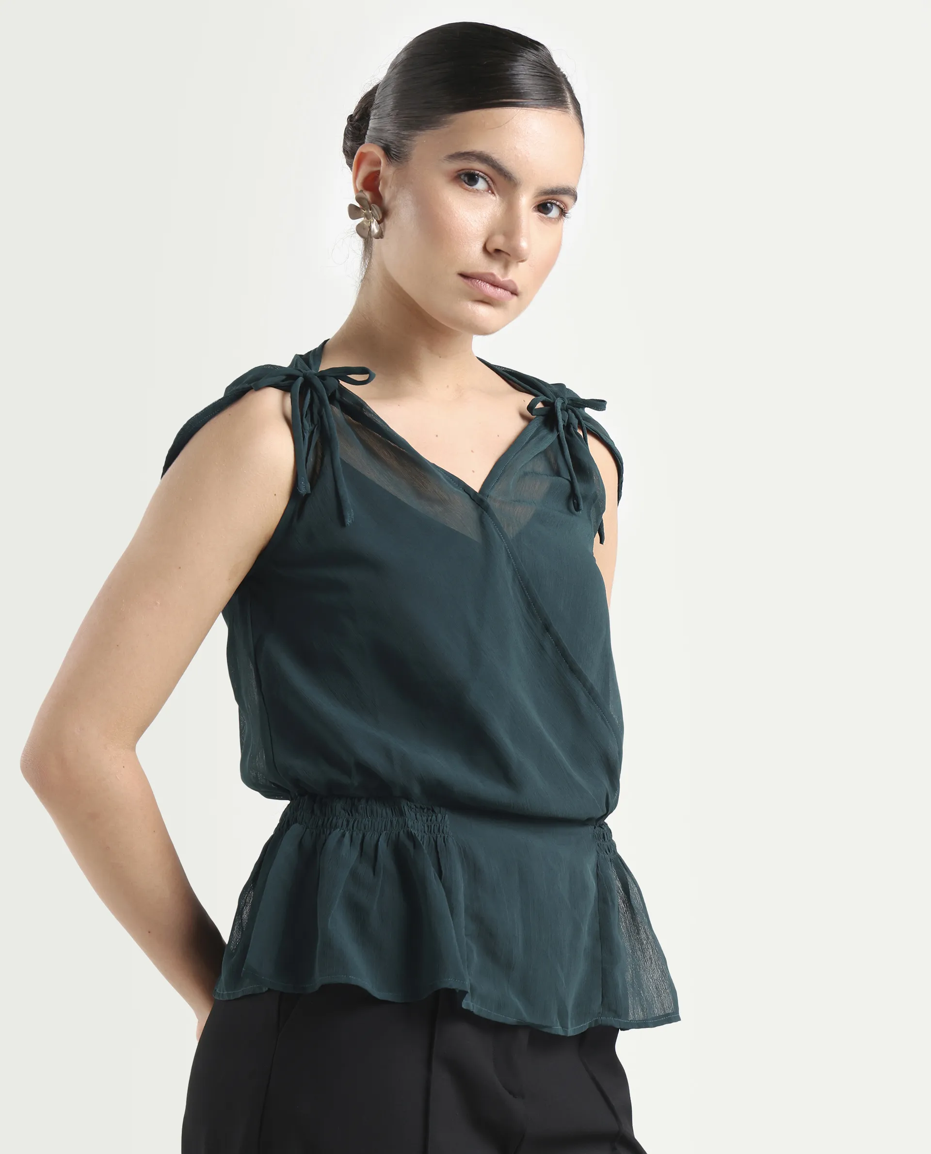 Rareism Women's Belong Green Viscose V-Neck Plain Sleeveless Regular Fit Top - Image 6
