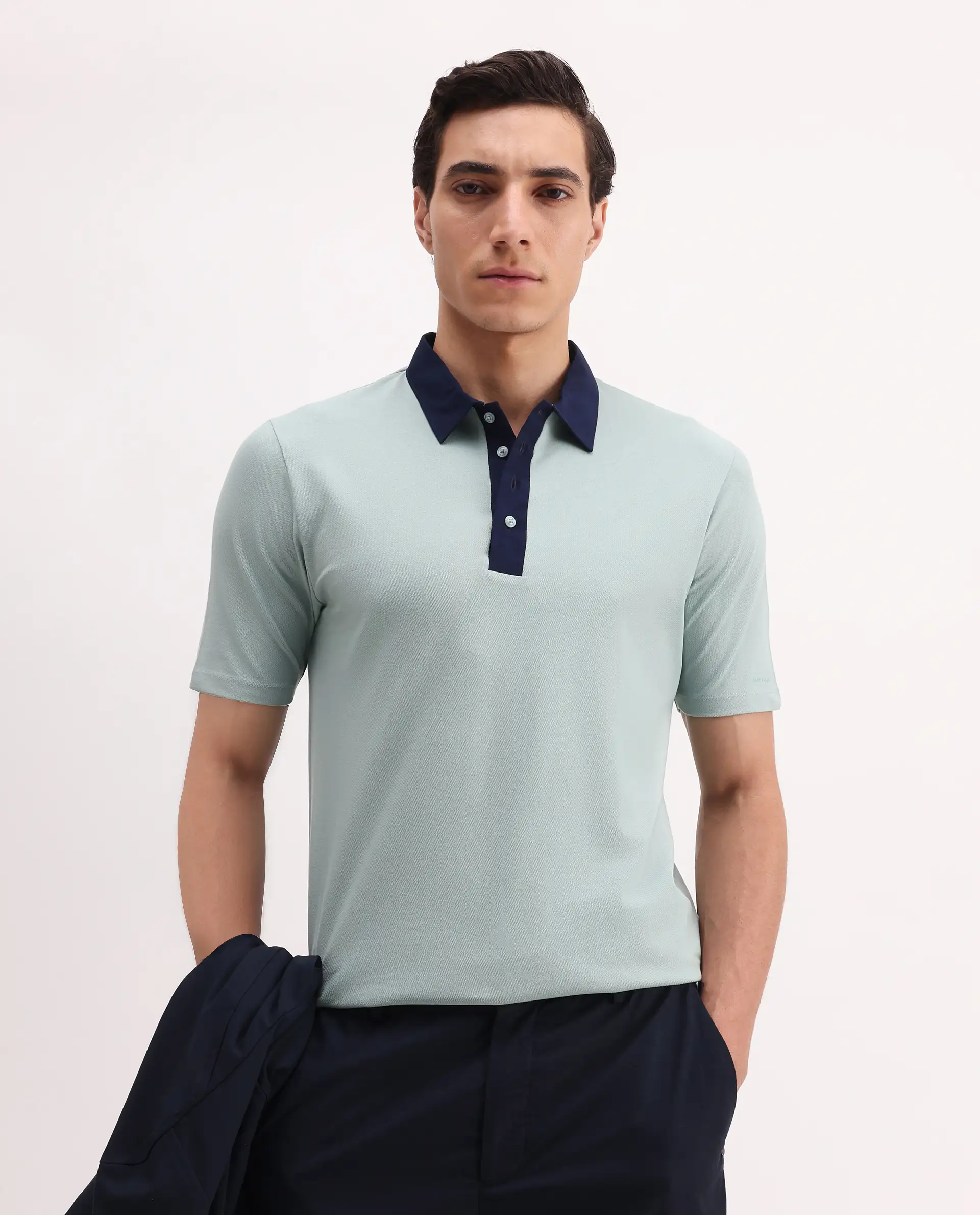 Rare Rabbit Men's Belton Pastel Green Cotton Blend Plain Regular Fit Half Sleeve Polo