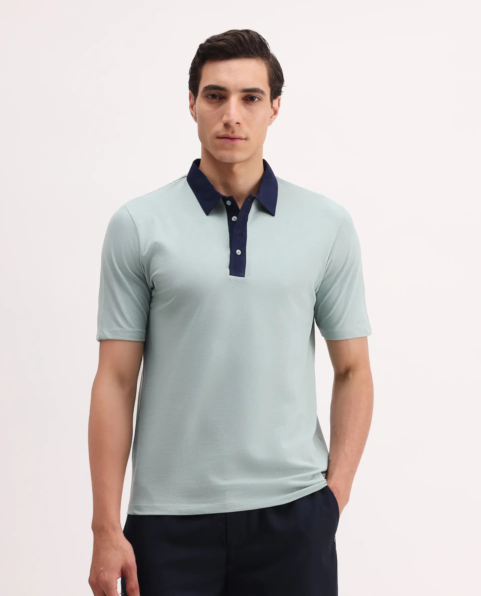 Rare Rabbit Men's Belton Pastel Green Cotton Blend Plain Regular Fit Half Sleeve Polo - Image 3