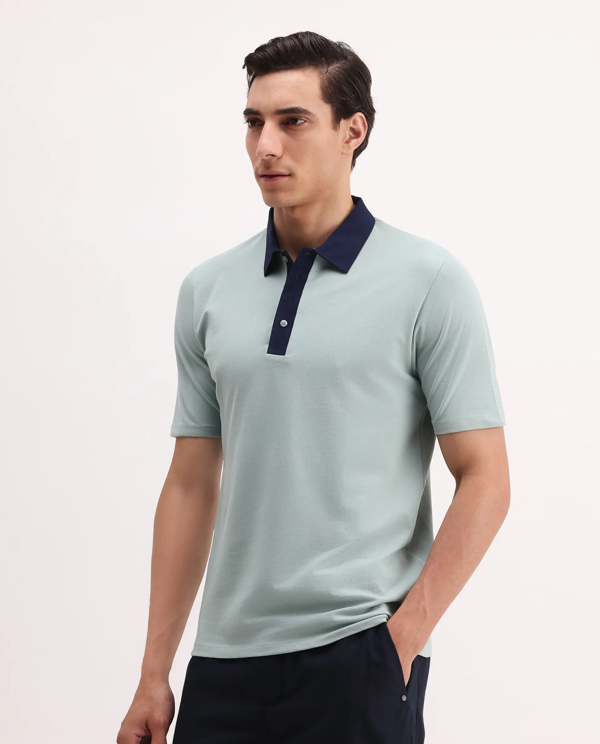 Rare Rabbit Men's Belton Pastel Green Cotton Blend Plain Regular Fit Half Sleeve Polo - Image 5