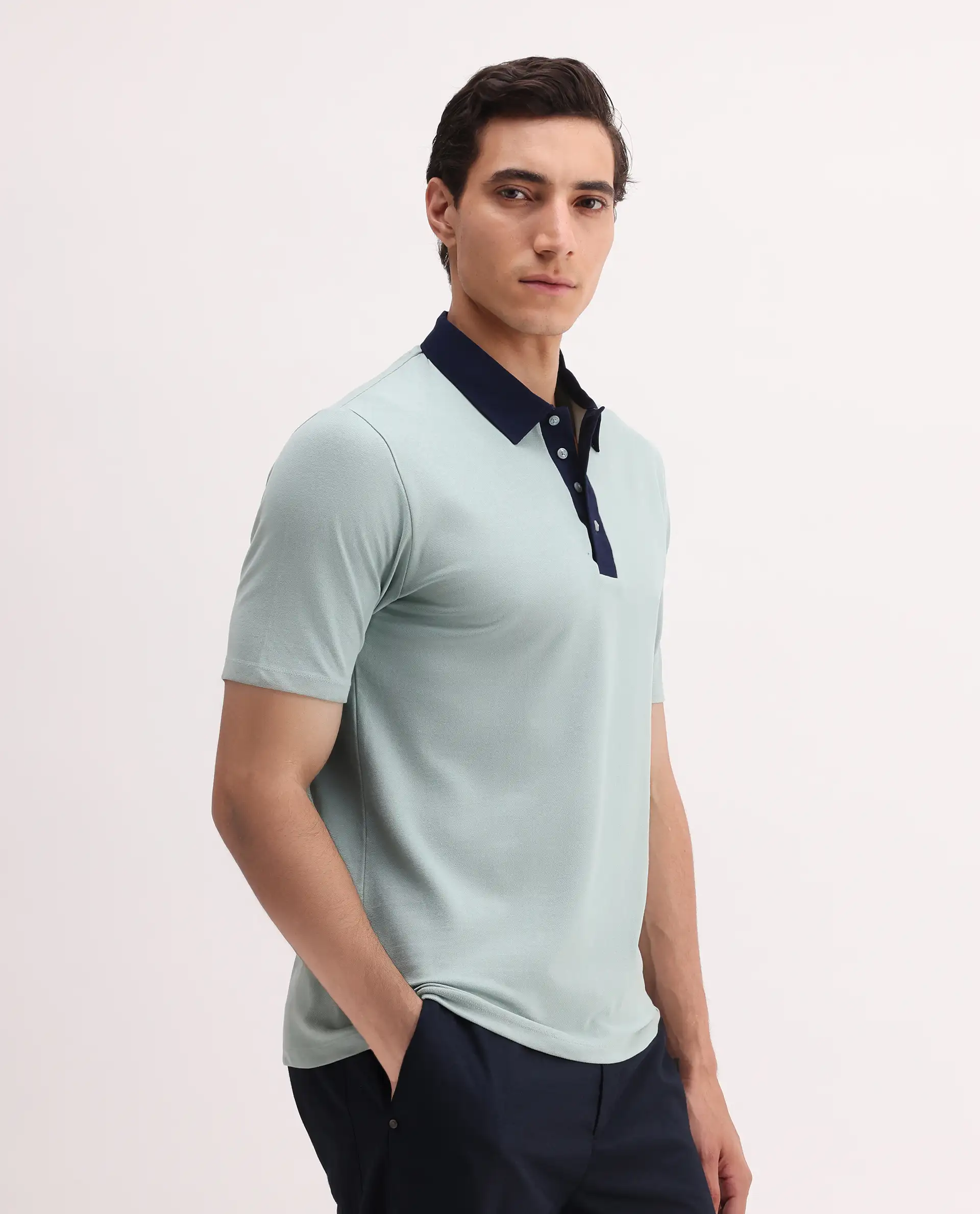Rare Rabbit Men's Belton Pastel Green Cotton Blend Plain Regular Fit Half Sleeve Polo - Image 6