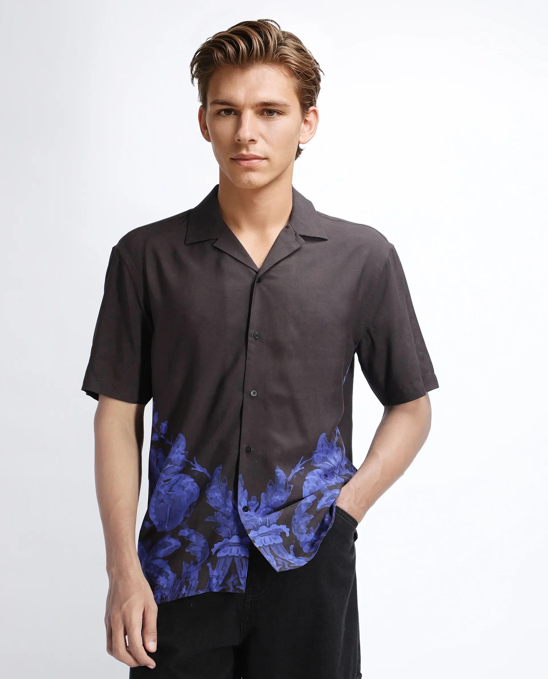 Rare Rabbit Men's Bem Dark Brown Viscose Abstract Print Boxy Fit Half Sleeve Cuban Collar Shirt