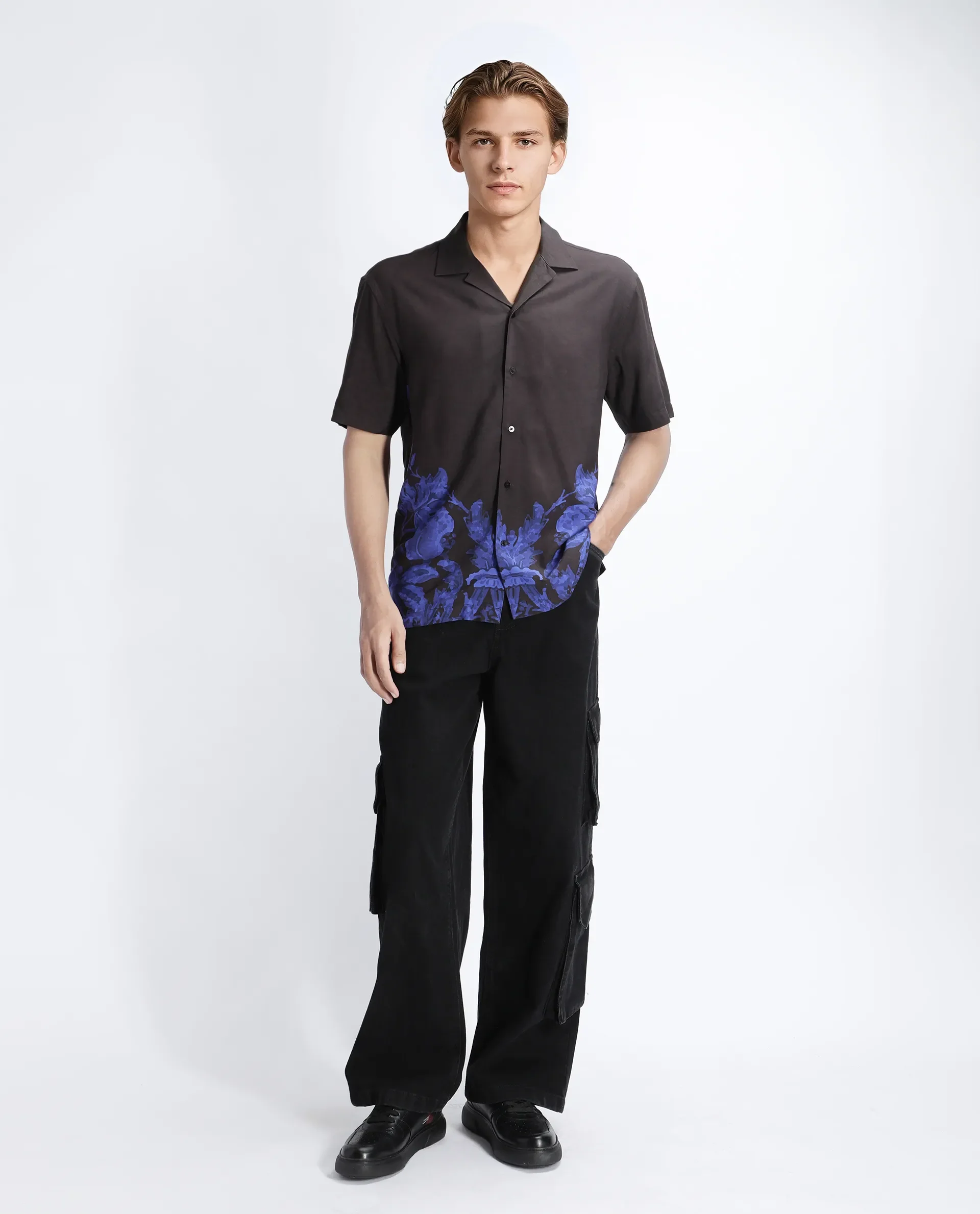 Rare Rabbit Men's Bem Dark Brown Viscose Abstract Print Boxy Fit Half Sleeve Cuban Collar Shirt - Image 2