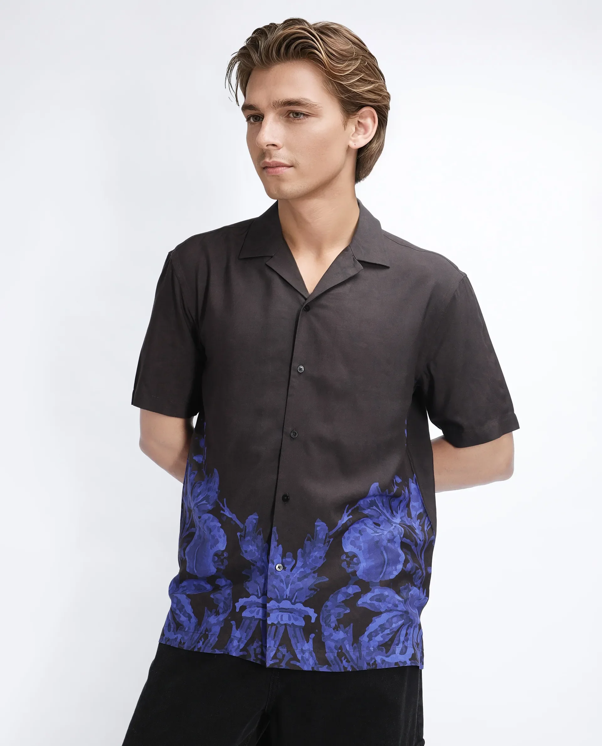 Rare Rabbit Men's Bem Dark Brown Viscose Abstract Print Boxy Fit Half Sleeve Cuban Collar Shirt - Image 6