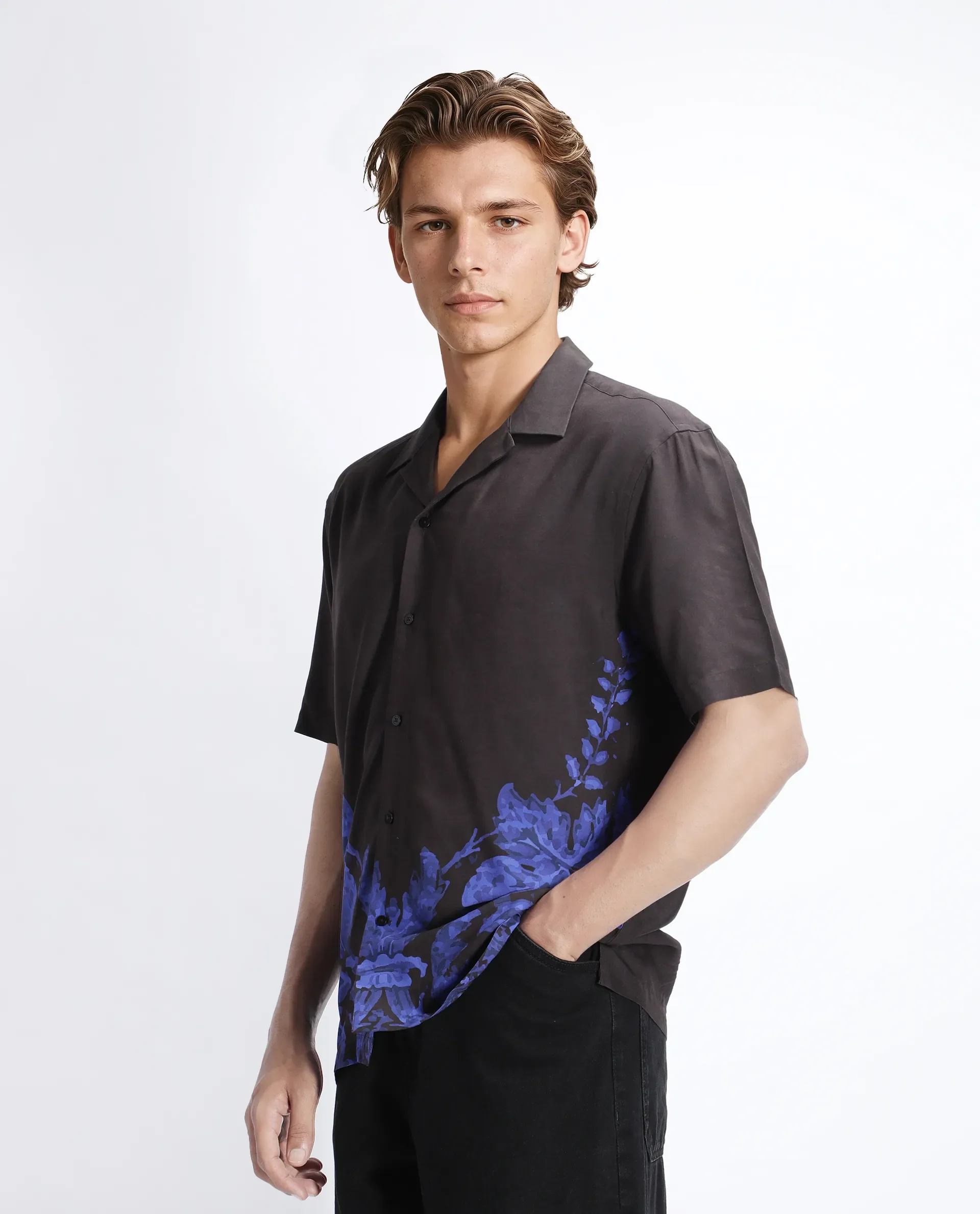 Rare Rabbit Men's Bem Dark Brown Viscose Abstract Print Boxy Fit Half Sleeve Cuban Collar Shirt - Image 7