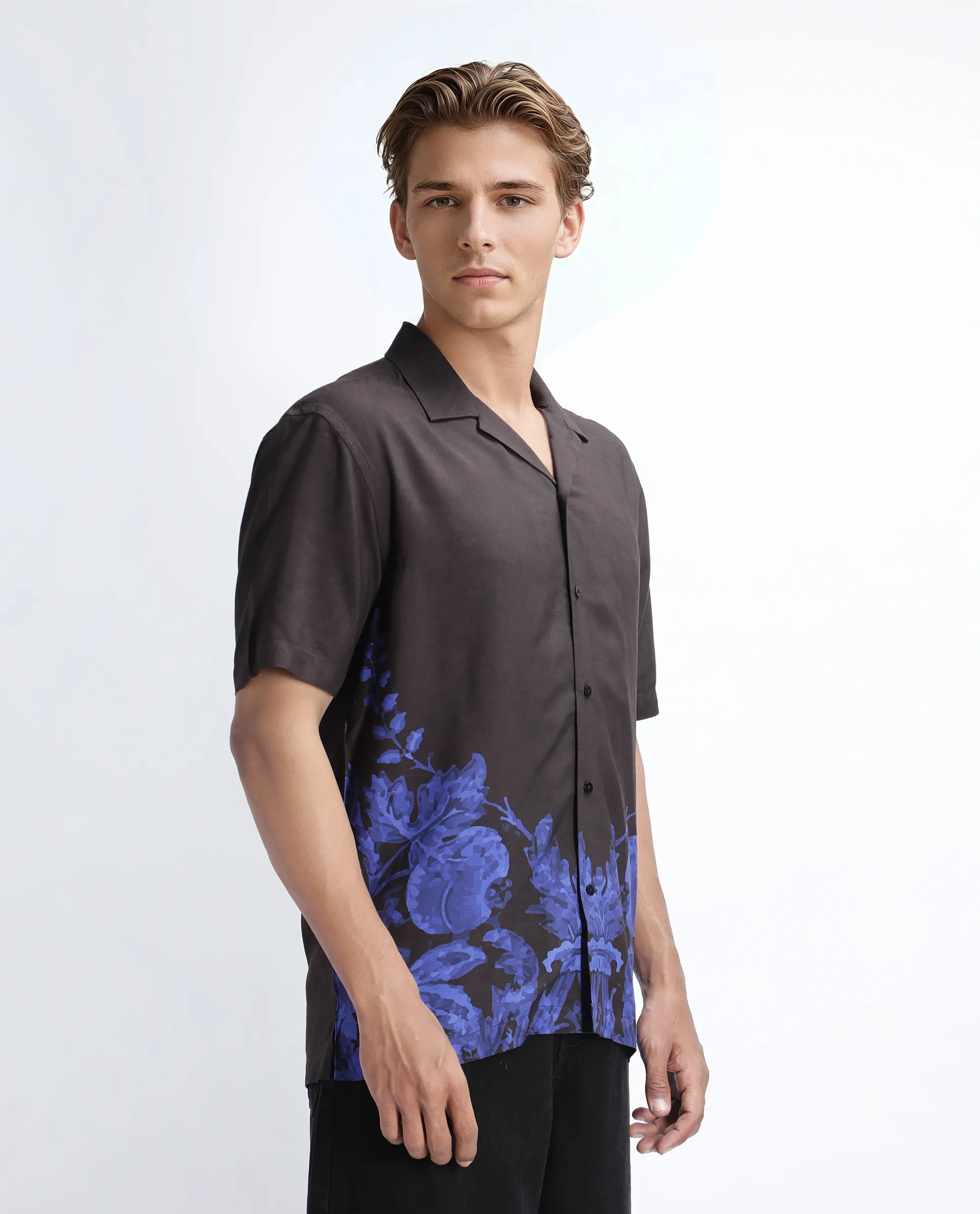 Rare Rabbit Men's Bem Dark Brown Viscose Abstract Print Boxy Fit Half Sleeve Cuban Collar Shirt - Image 8