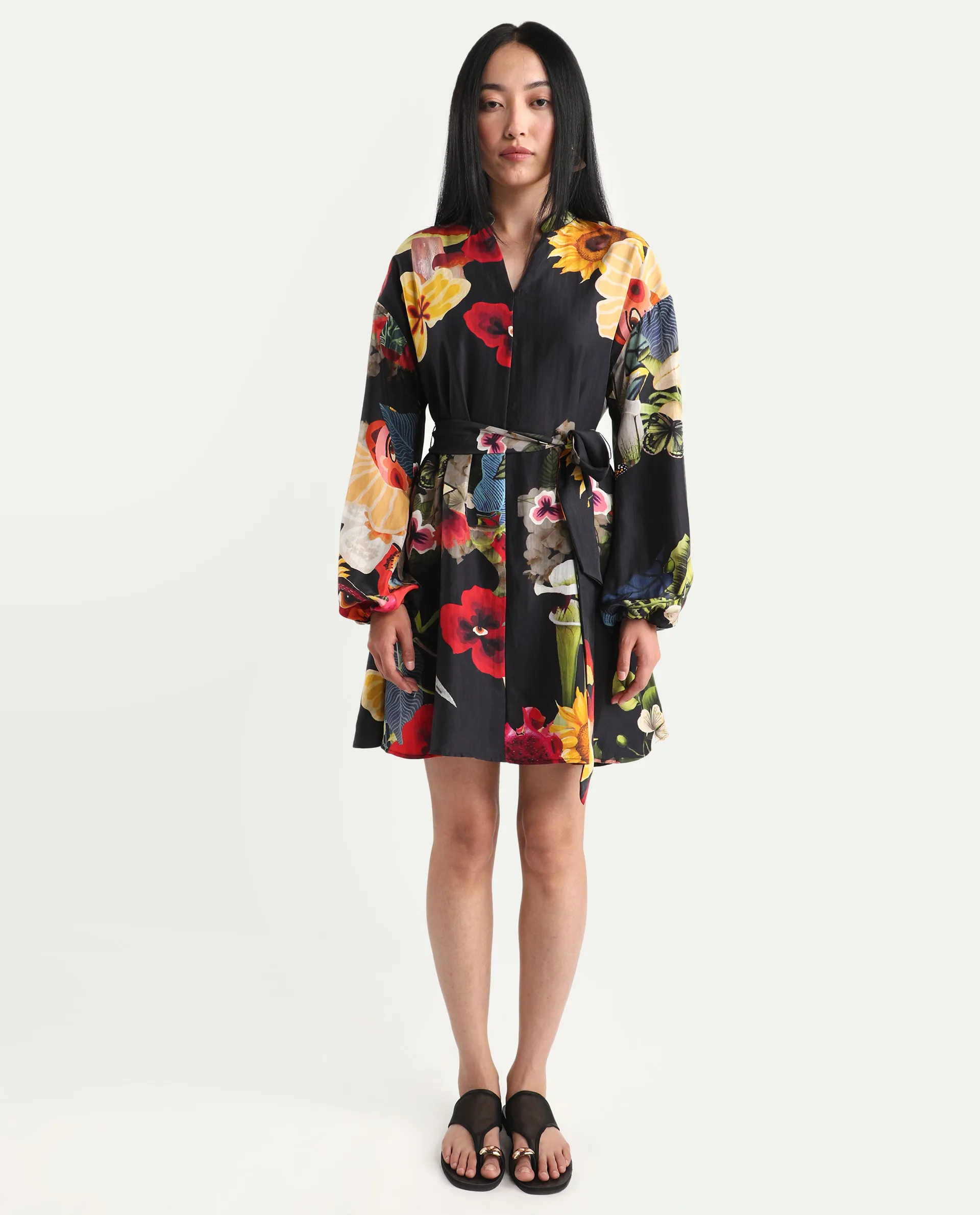 Rareism Women's Bemti Black Silk Full Sleeve Flared Abstract Print Dress - Image 2
