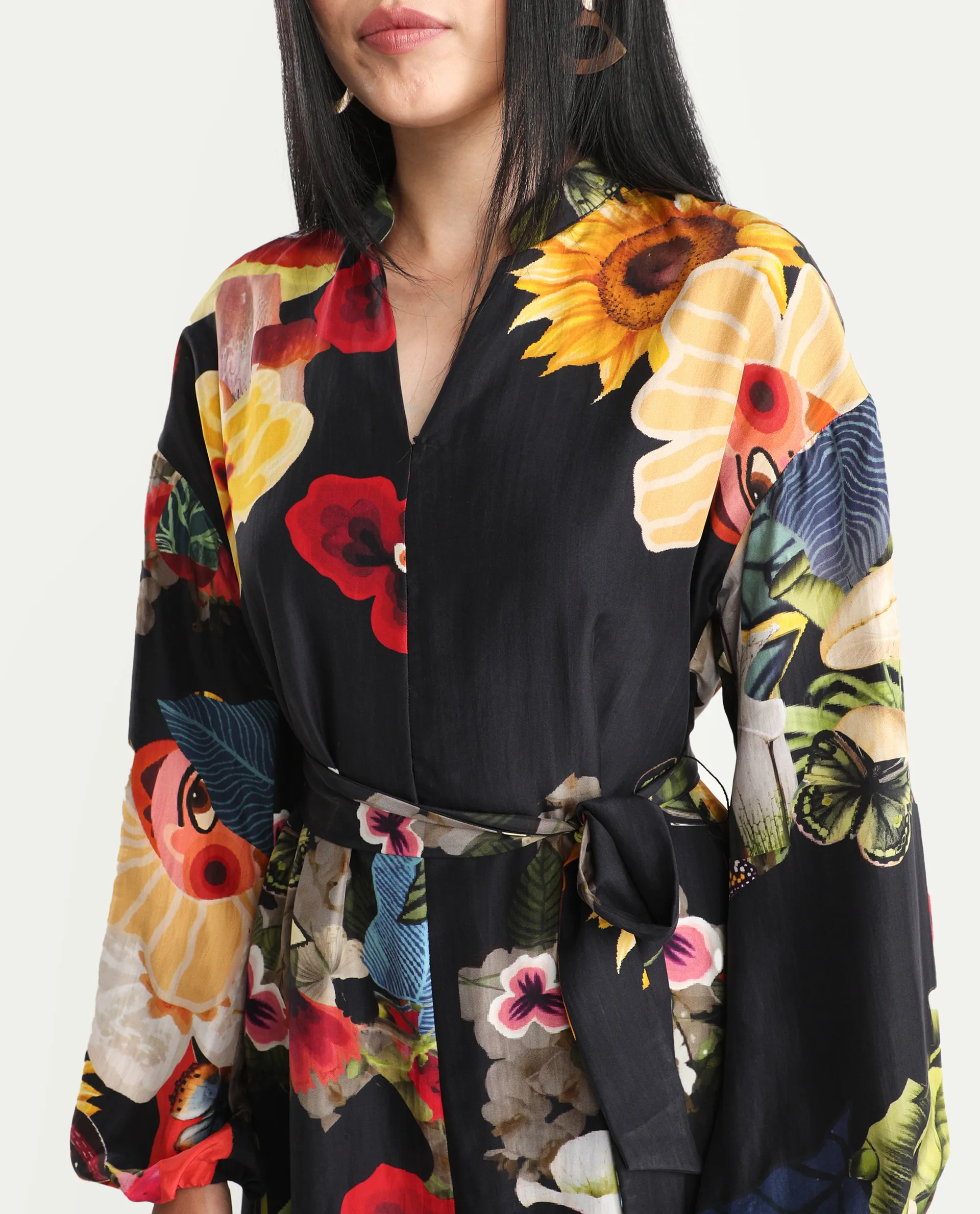 Rareism Women's Bemti Black Silk Full Sleeve Flared Abstract Print Dress - Image 3