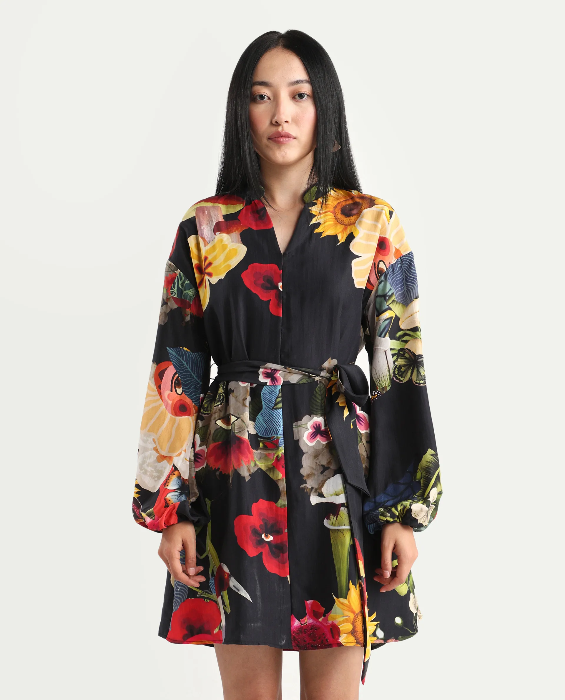 Rareism Women's Bemti Black Silk Full Sleeve Flared Abstract Print Dress - Image 4
