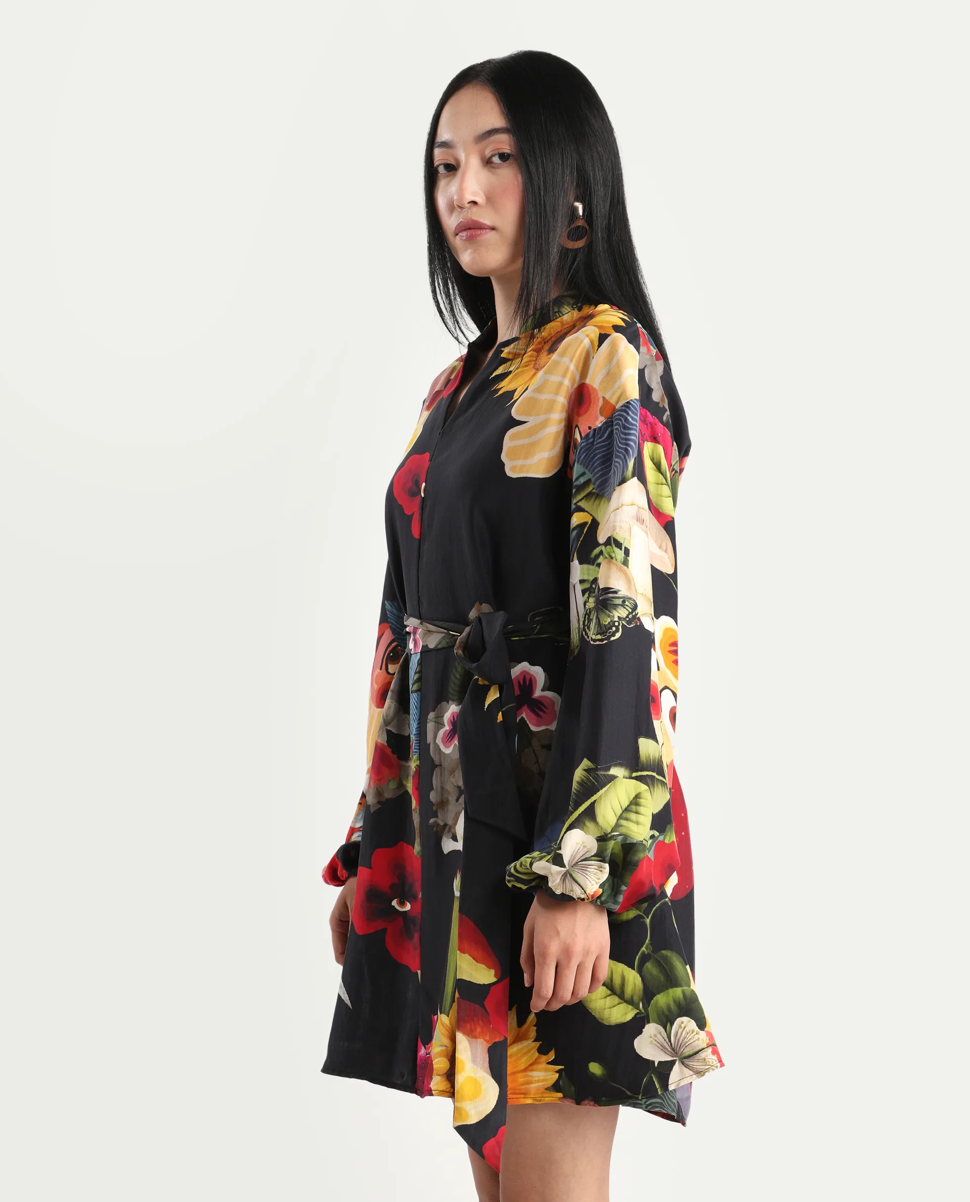 Rareism Women's Bemti Black Silk Full Sleeve Flared Abstract Print Dress - Image 5
