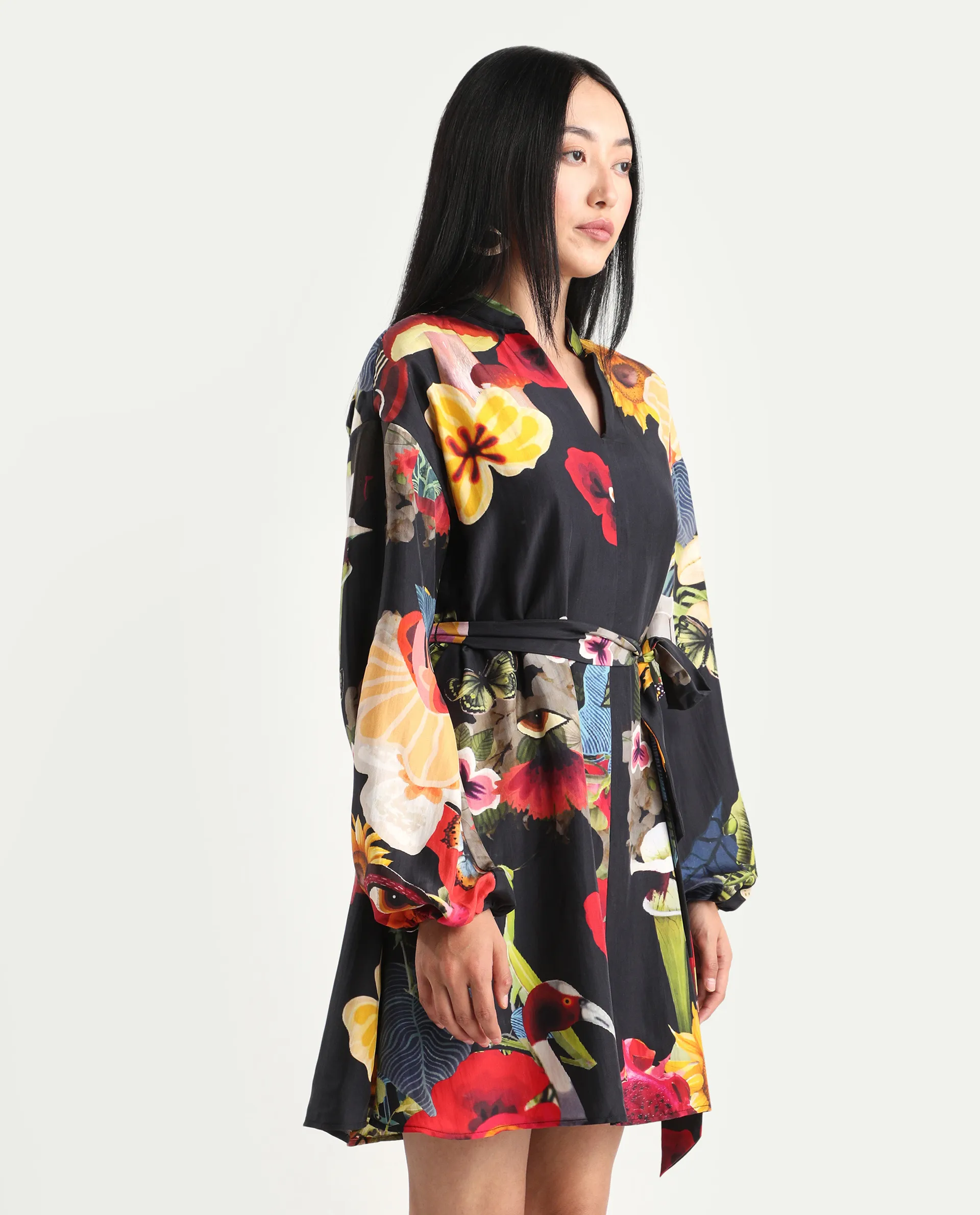 Rareism Women's Bemti Black Silk Full Sleeve Flared Abstract Print Dress - Image 6