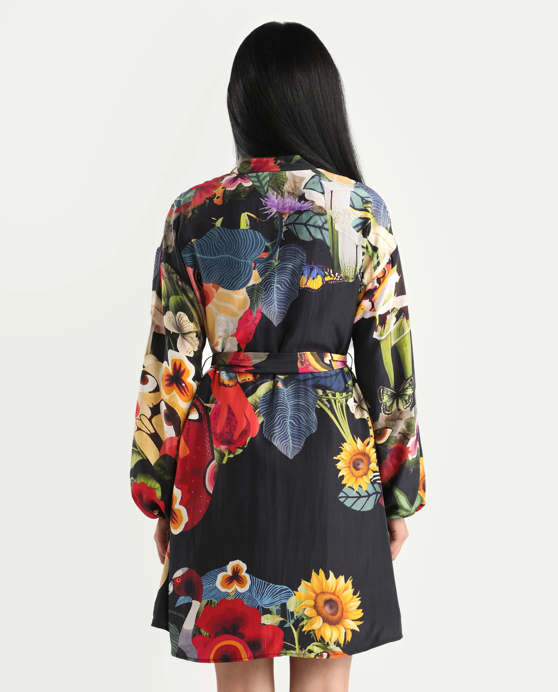 Rareism Women's Bemti Black Silk Full Sleeve Flared Abstract Print Dress - Image 7