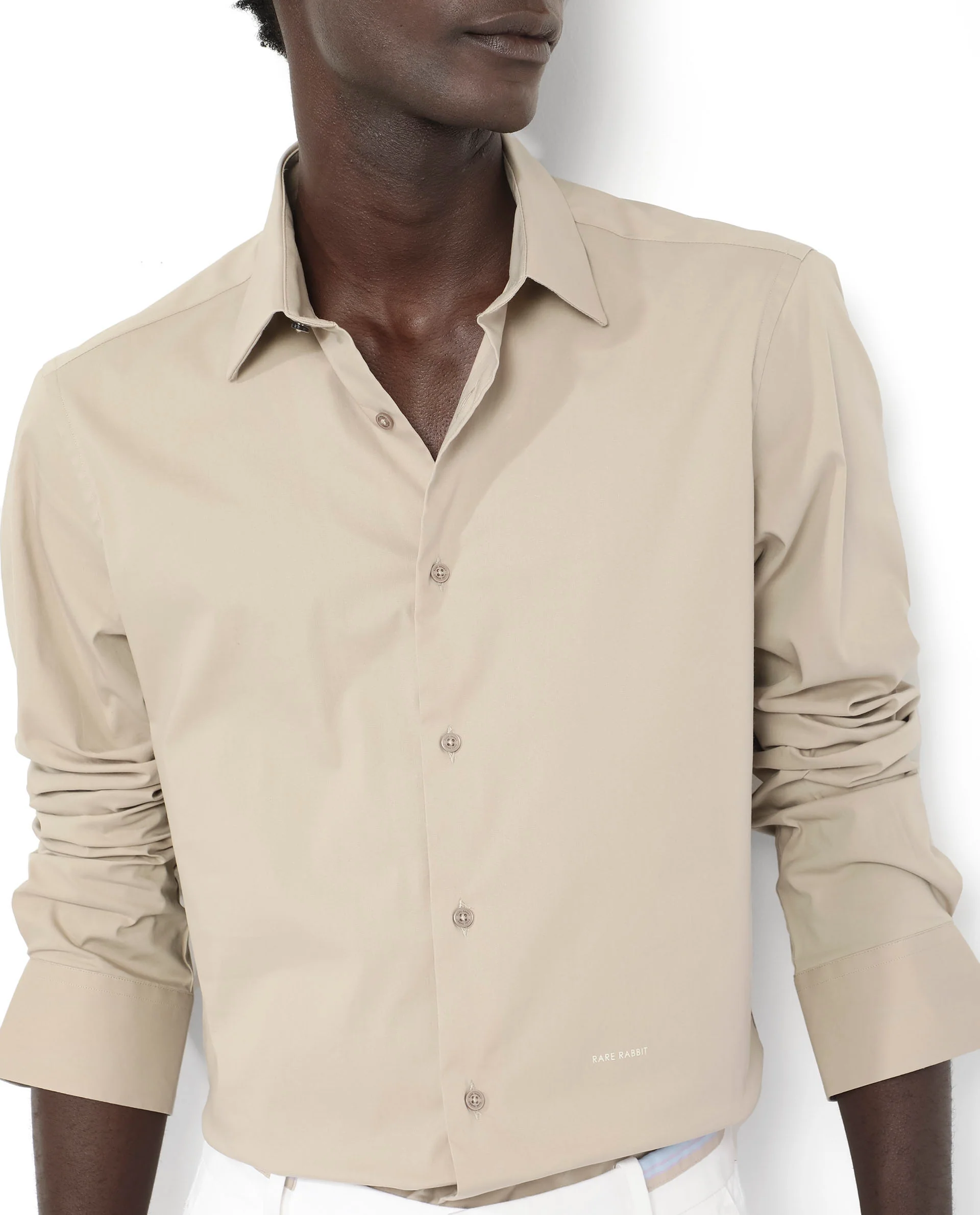 Rare Rabbit Men's Benedict Beige Cotton Plain Regular Fit Full Sleeve Collared Shirt - Image 3