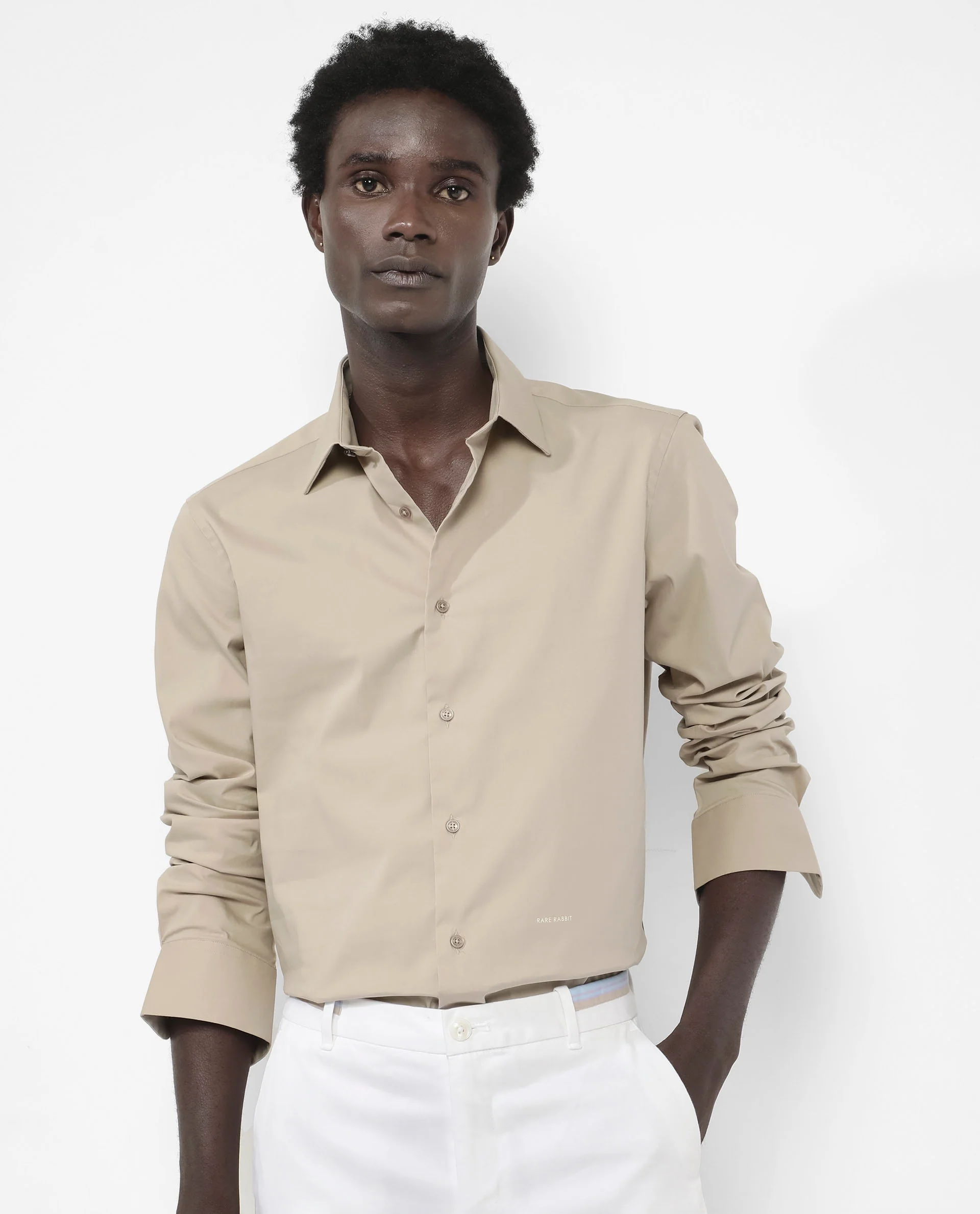 Rare Rabbit Men's Benedict Beige Cotton Plain Regular Fit Full Sleeve Collared Shirt - Image 5