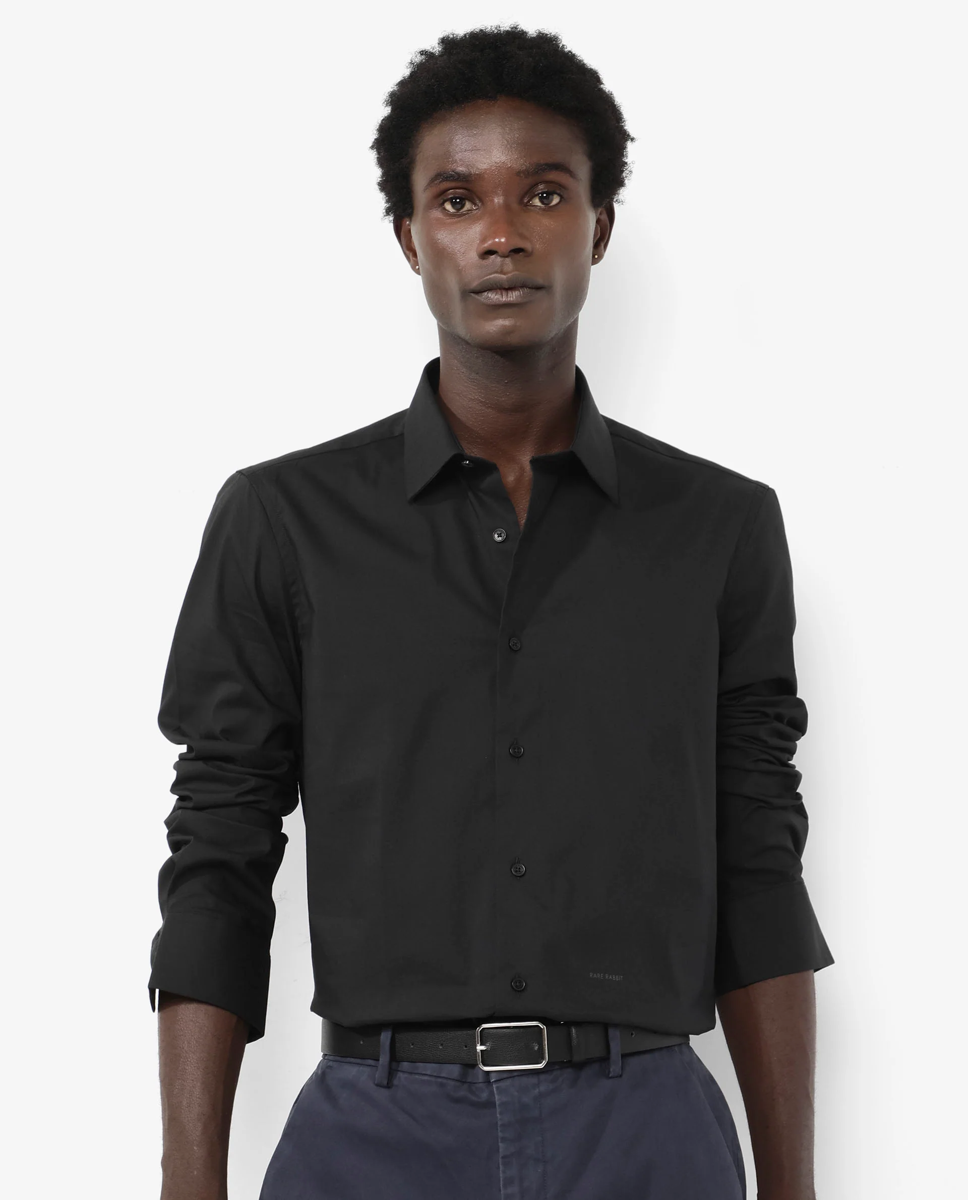 Rare Rabbit Men's Benedict Black Cotton Plain Regular Fit Full Sleeve Collared Shirt