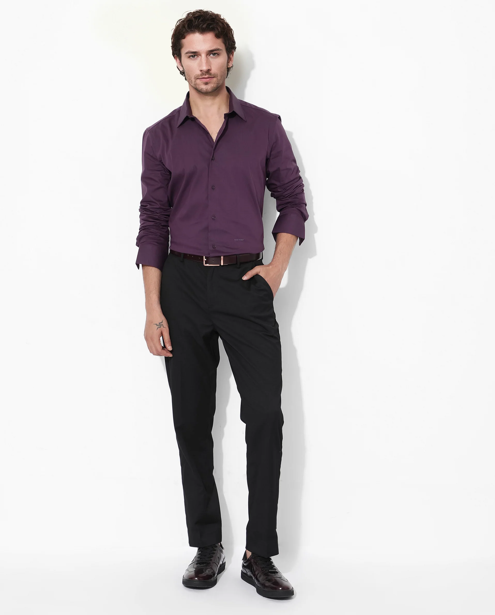 Rare Rabbit Men's Benedict Dark Purple Cotton Plain Regular Fit Full Sleeve Collared Shirt - Image 2