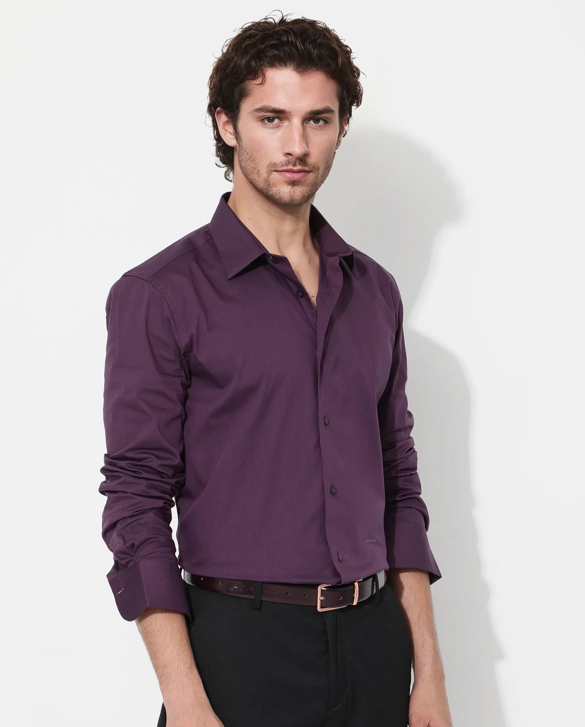 Rare Rabbit Men's Benedict Dark Purple Cotton Plain Regular Fit Full Sleeve Collared Shirt - Image 3