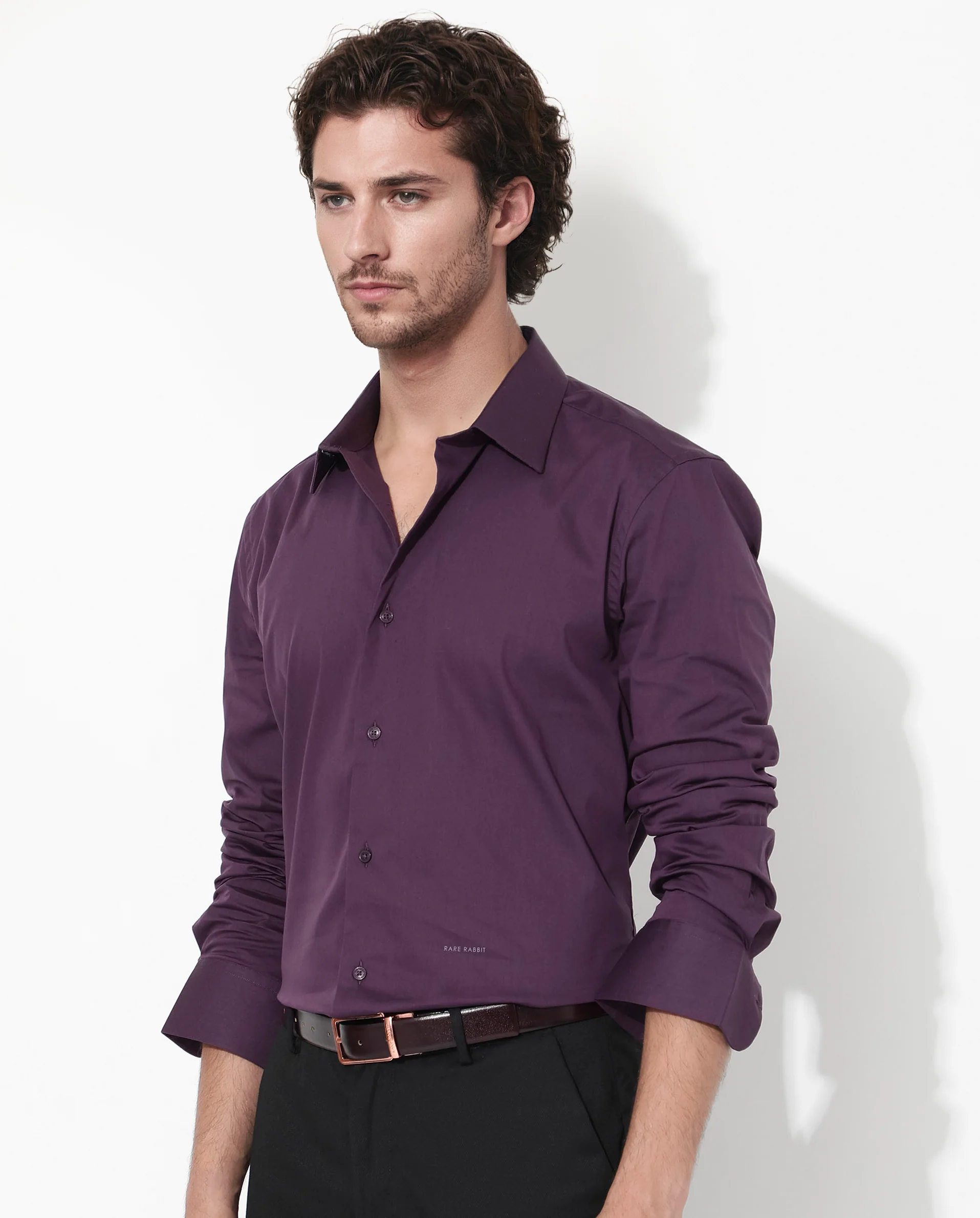 Rare Rabbit Men's Benedict Dark Purple Cotton Plain Regular Fit Full Sleeve Collared Shirt - Image 7